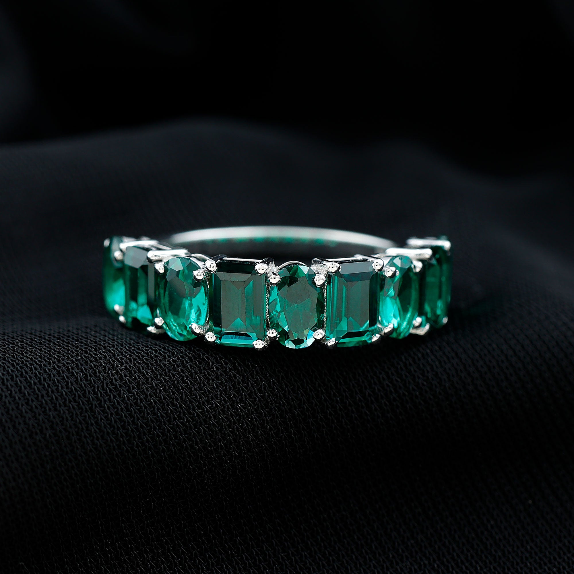 Emerald and Oval Lab Grown Emerald Half Eternity Ring Lab Created Emerald - ( AAAA ) - Quality 92.5 Sterling Silver 8 - Rosec Jewels