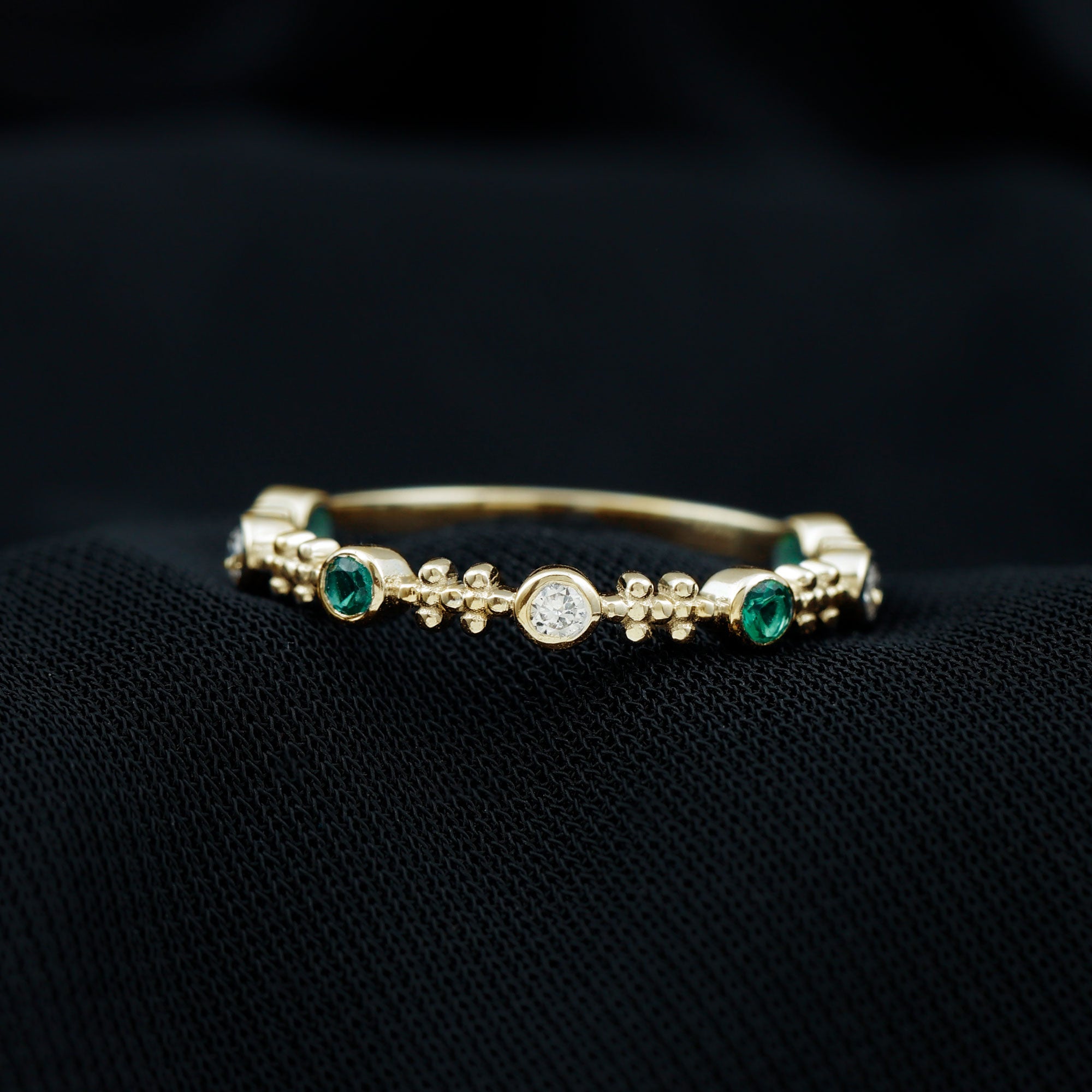 Bezel Set Lab Grown Emerald and Diamond Beaded Stackable Band Ring Lab Created Emerald - ( AAAA ) - Quality - Rosec Jewels