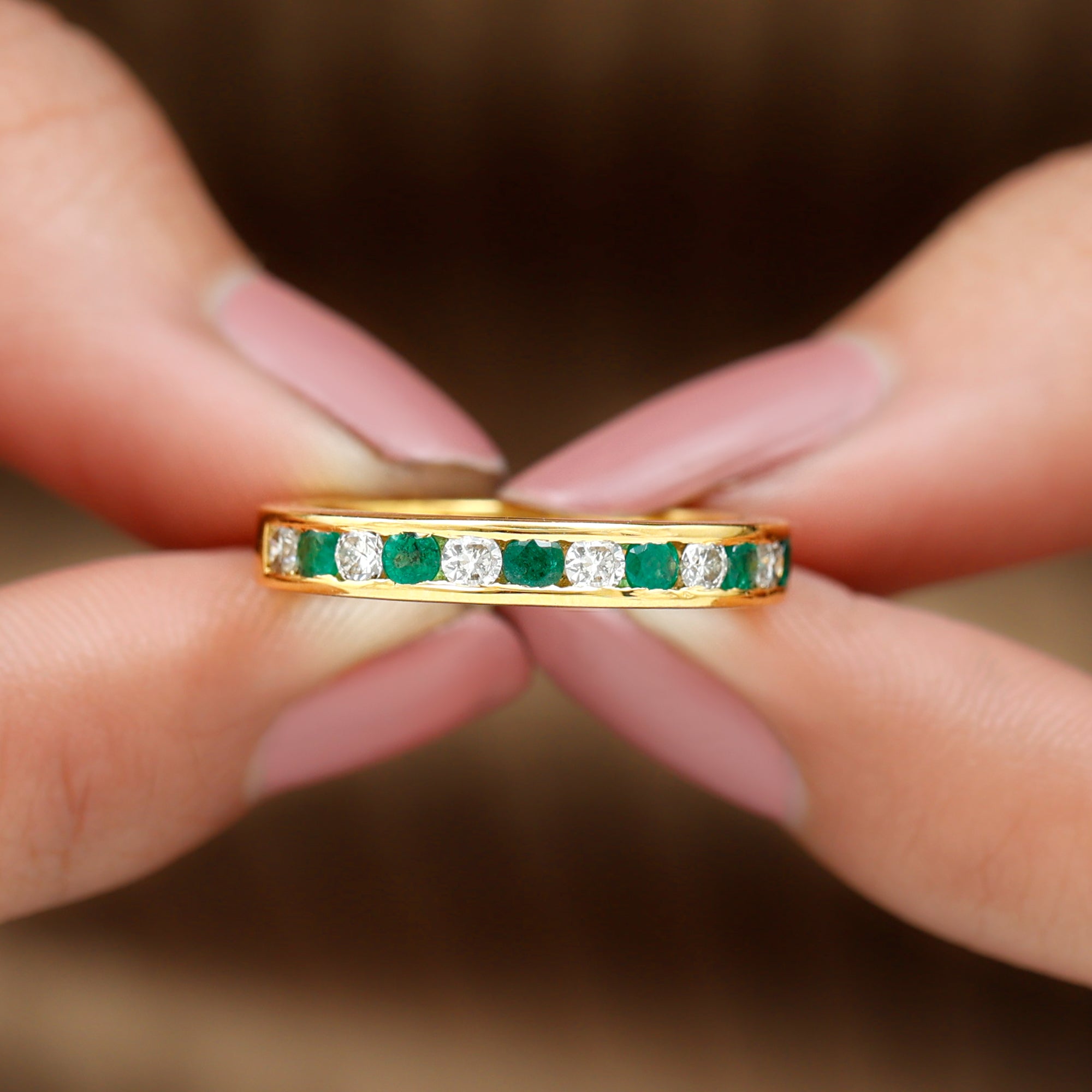 Emerald and Diamond Semi Eternity Band Ring Emerald - ( AAA ) - Quality - Rosec Jewels