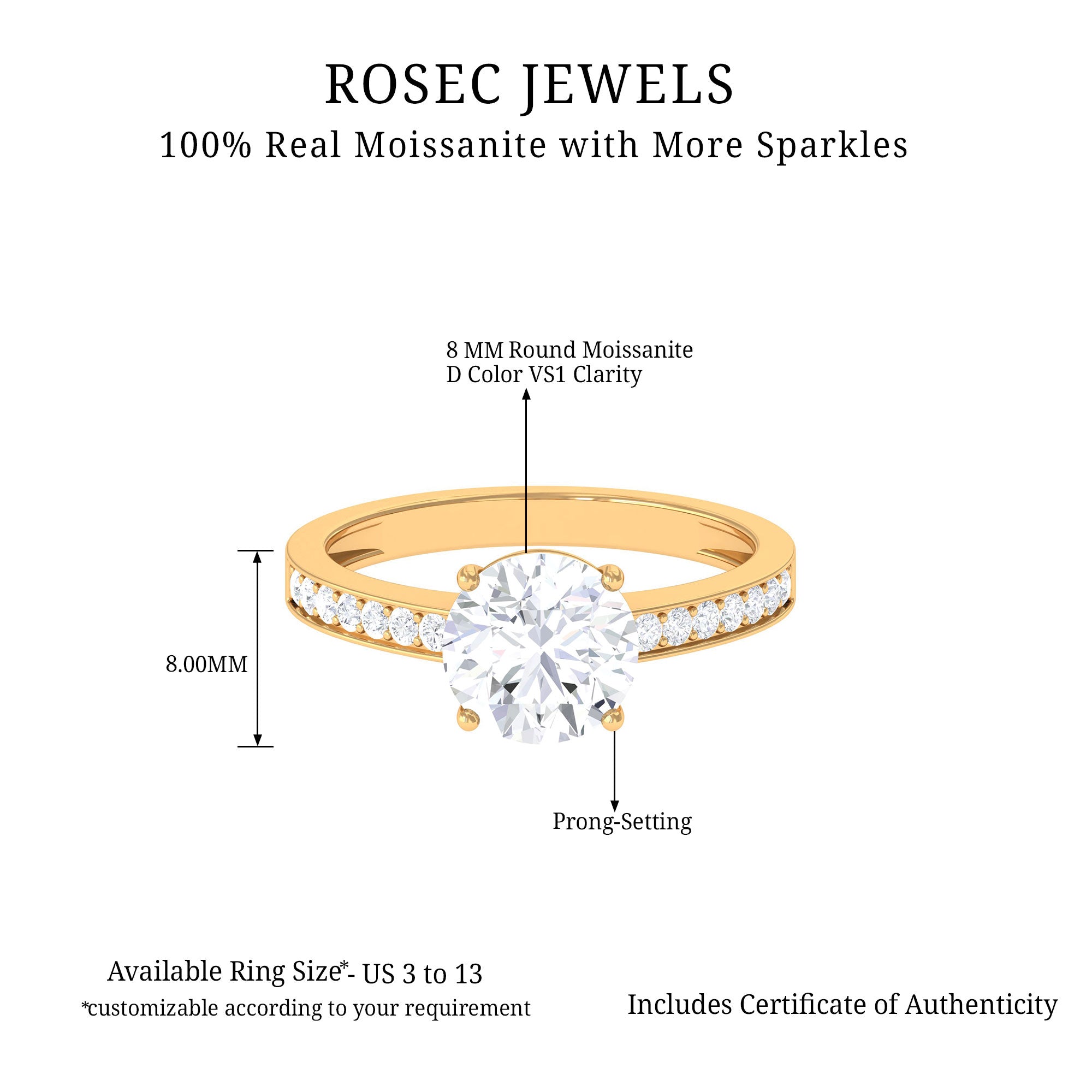 2.25 CT Round Cut Moissanite Solitaire Engagement Ring in 4 Prong Setting Moissanite - ( D-VS1 ) - Color and Clarity - Rosec Jewels
