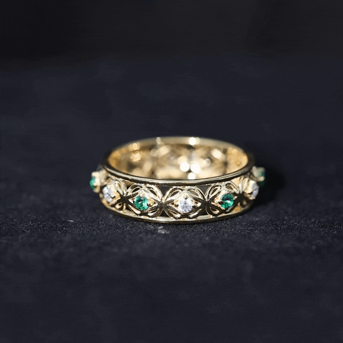 Lab Grown Emerald and Moissanite Celtic Wedding Band Ring Lab Created Emerald - ( AAAA ) - Quality - Rosec Jewels
