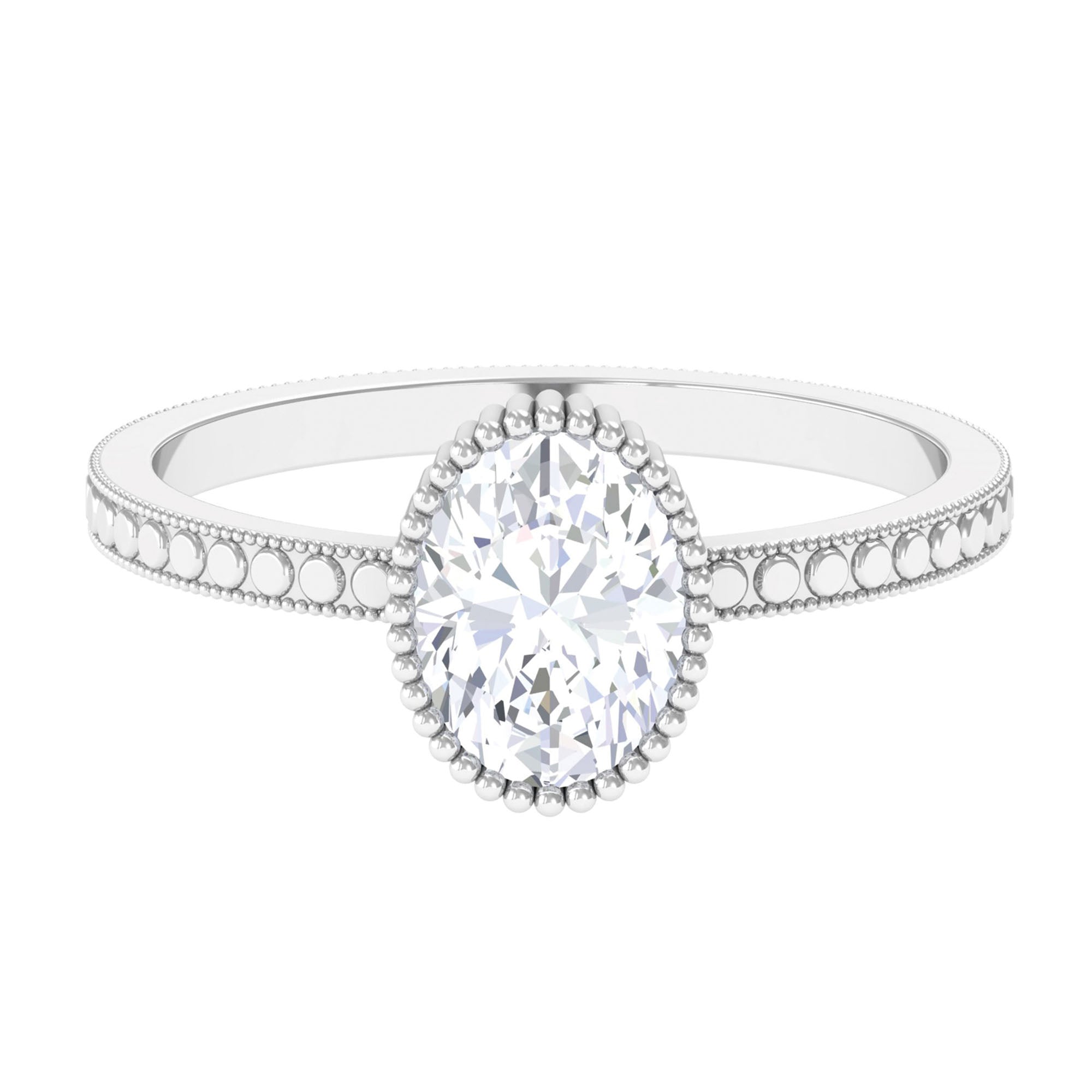 Oval Shape Moissanite Solitaire Engagement Ring with Beaded Detailing Moissanite - ( D-VS1 ) - Color and Clarity - Rosec Jewels