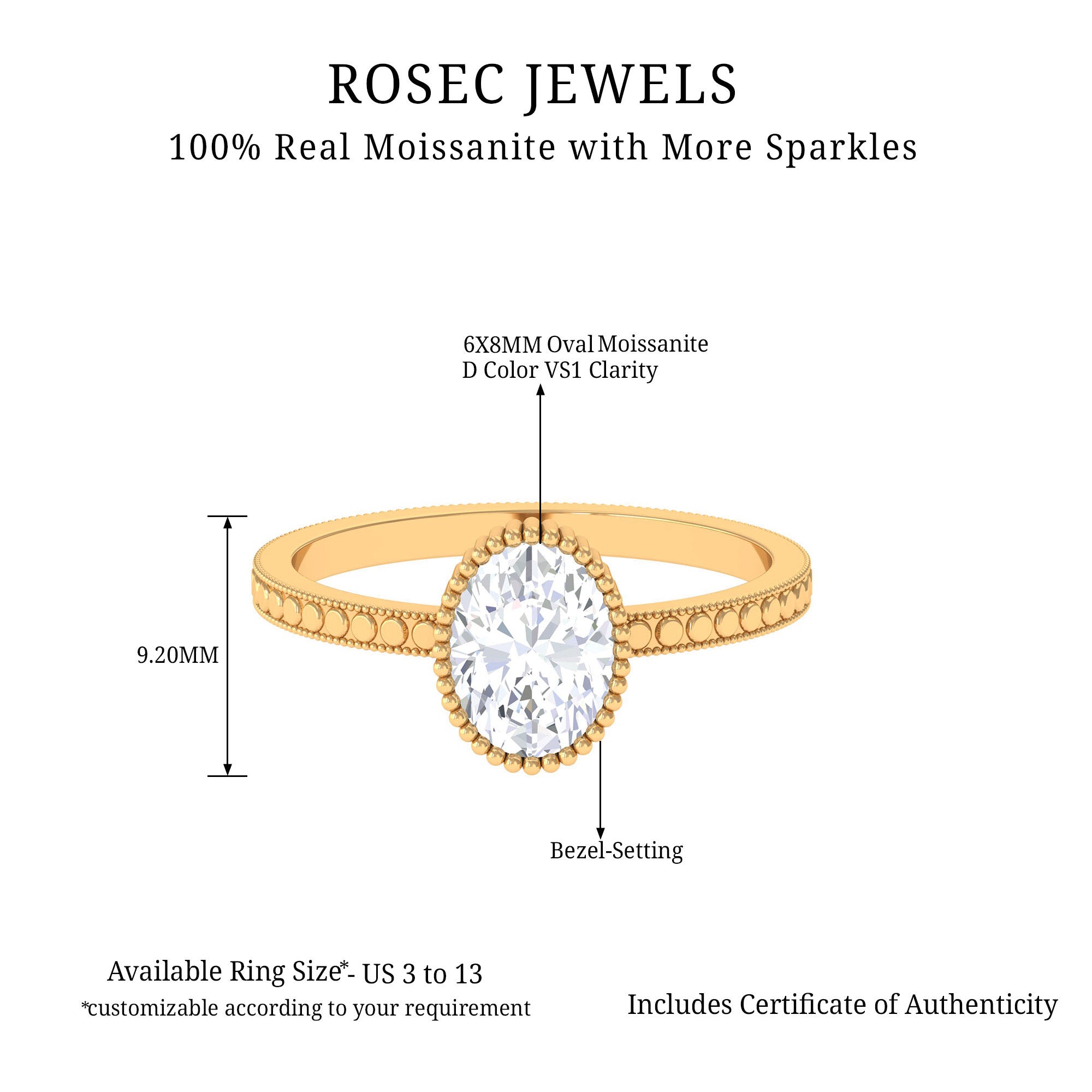 Oval Shape Moissanite Solitaire Engagement Ring with Beaded Detailing Moissanite - ( D-VS1 ) - Color and Clarity - Rosec Jewels