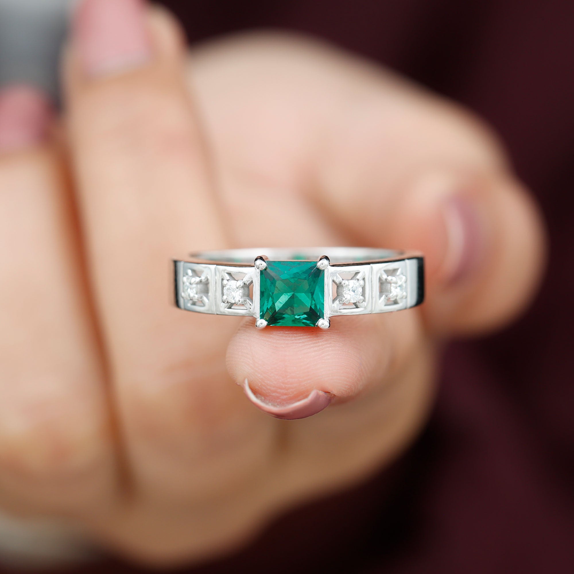 Princess Cut Lab Grown Emerald and Diamond Wedding Band Ring Lab Created Emerald - ( AAAA ) - Quality - Rosec Jewels