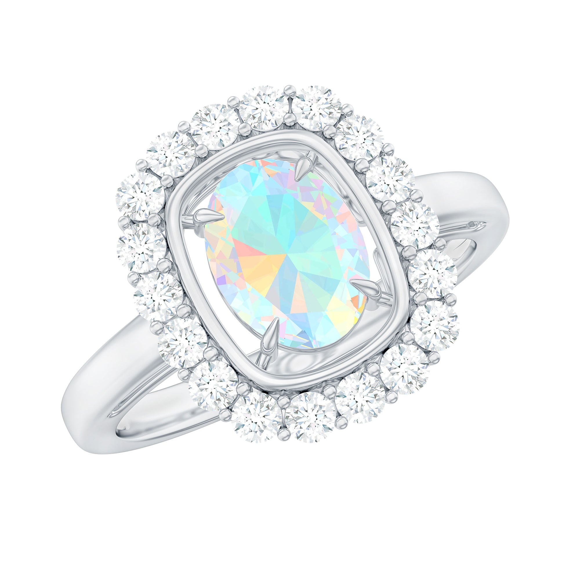 Rosec Jewels-Oval Ethiopian Opal and Moissanite Halo Engagement Ring