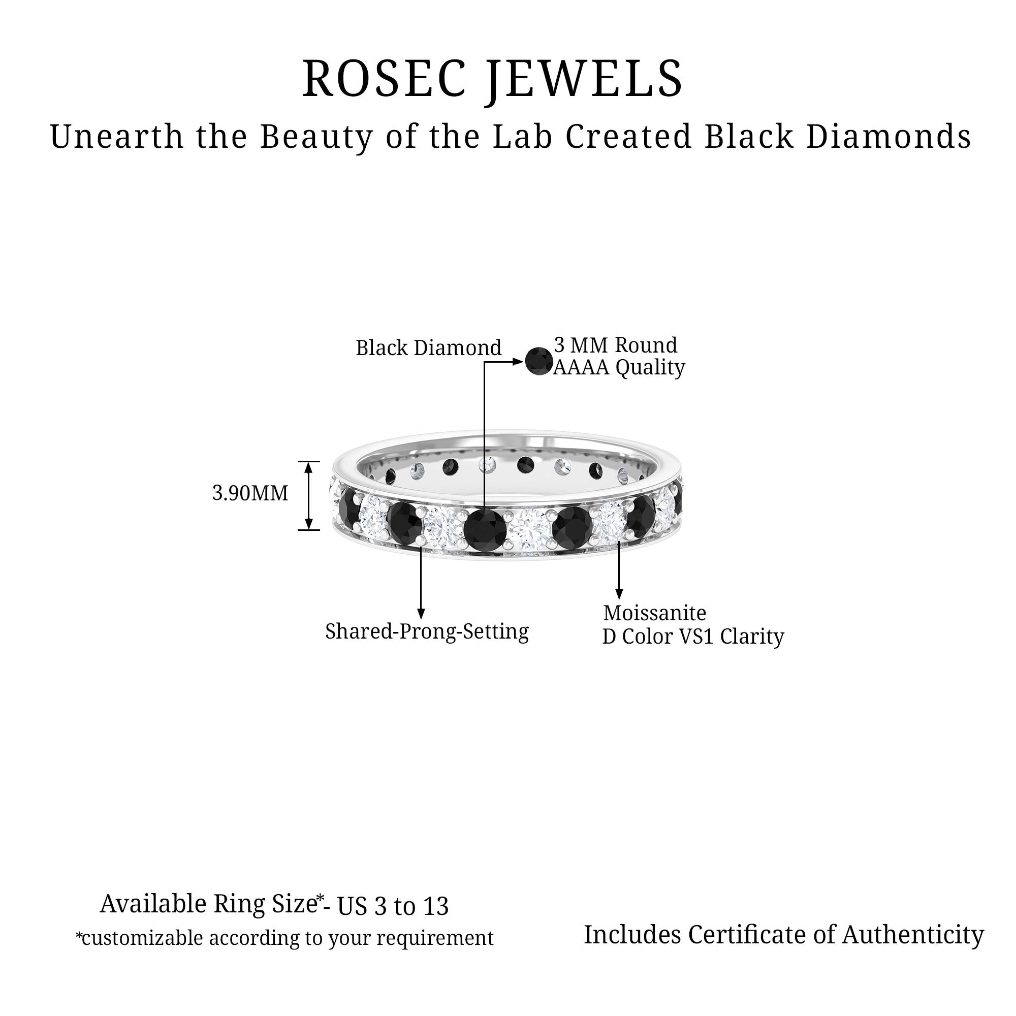 Lab Grown Black Diamond and Moissanite Full Eternity Band Lab Created Black Diamond - ( AAAA ) - Quality - Rosec Jewels