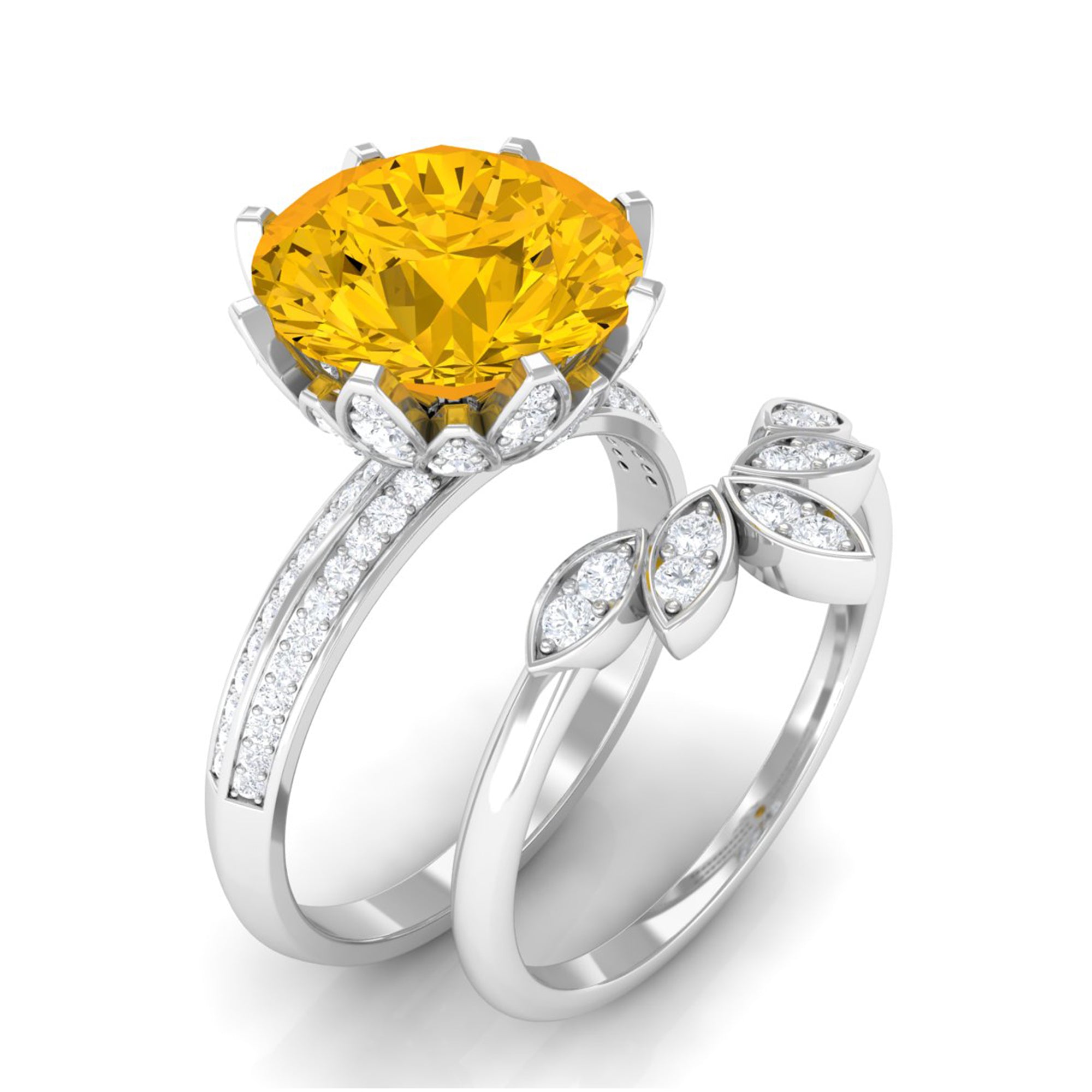 Floral Inspired Created Yellow Sapphire and Moissanite Bridal Ring Set Lab Created Yellow Sapphire - ( AAAA ) - Quality - Rosec Jewels