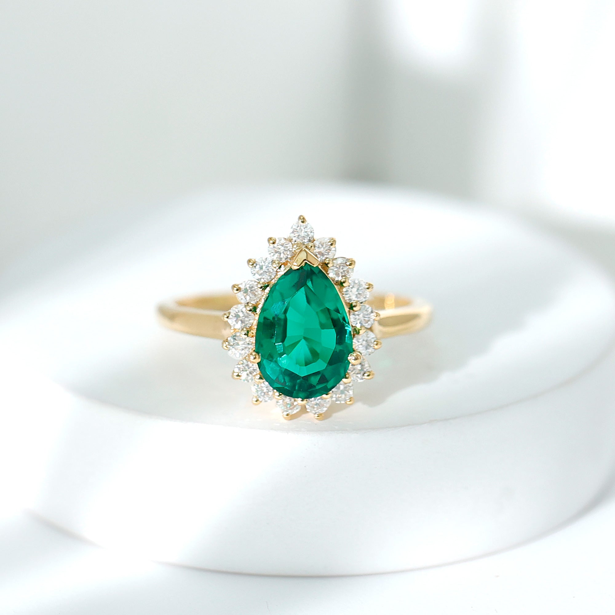 Pear Created Emerald and Diamond Halo Engagement Ring Lab Created Emerald - ( AAAA ) - Quality - Rosec Jewels