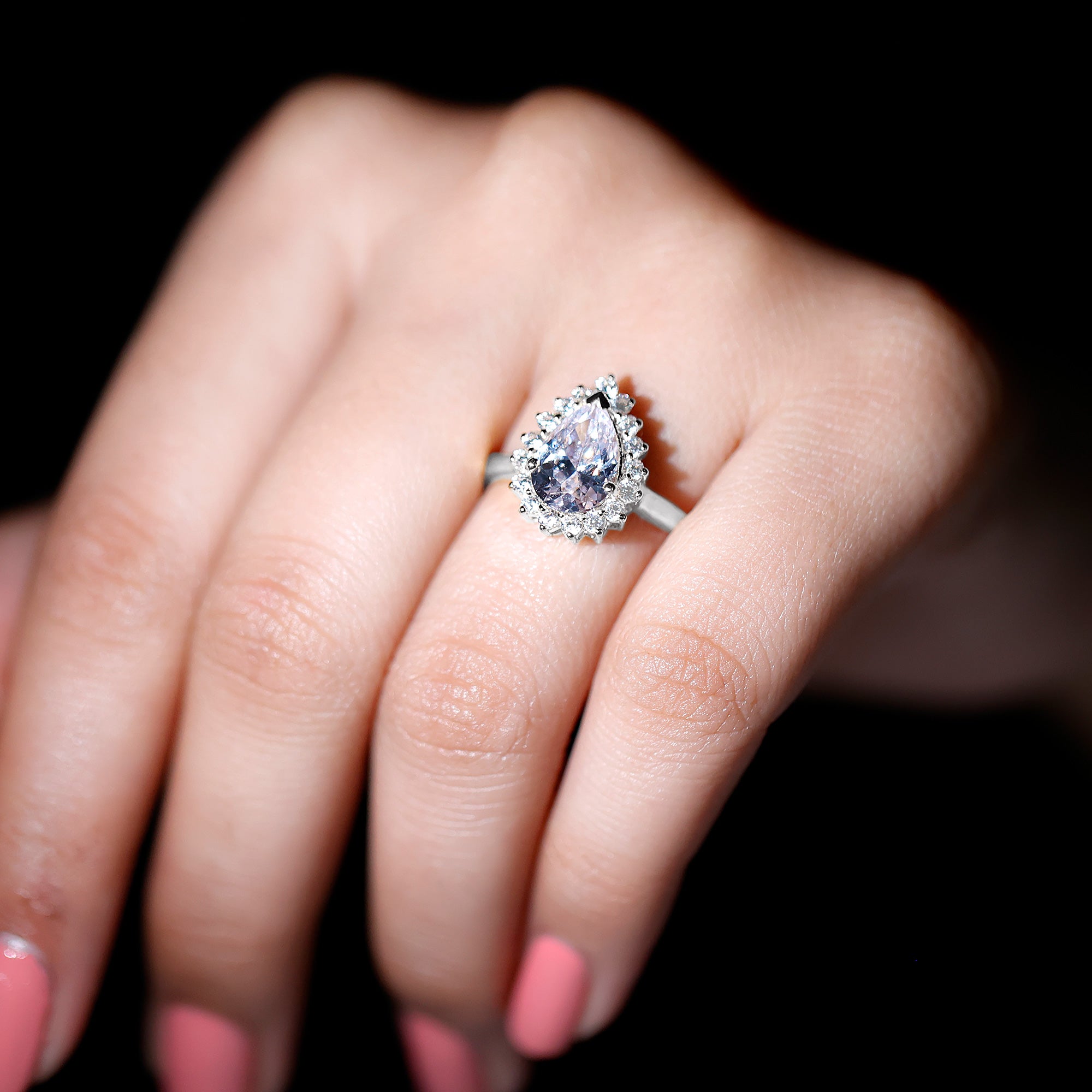 Cubic Zirconia Teardrop Halo Engagement Ring Zircon - ( AAAA ) - Quality - Rosec Jewels