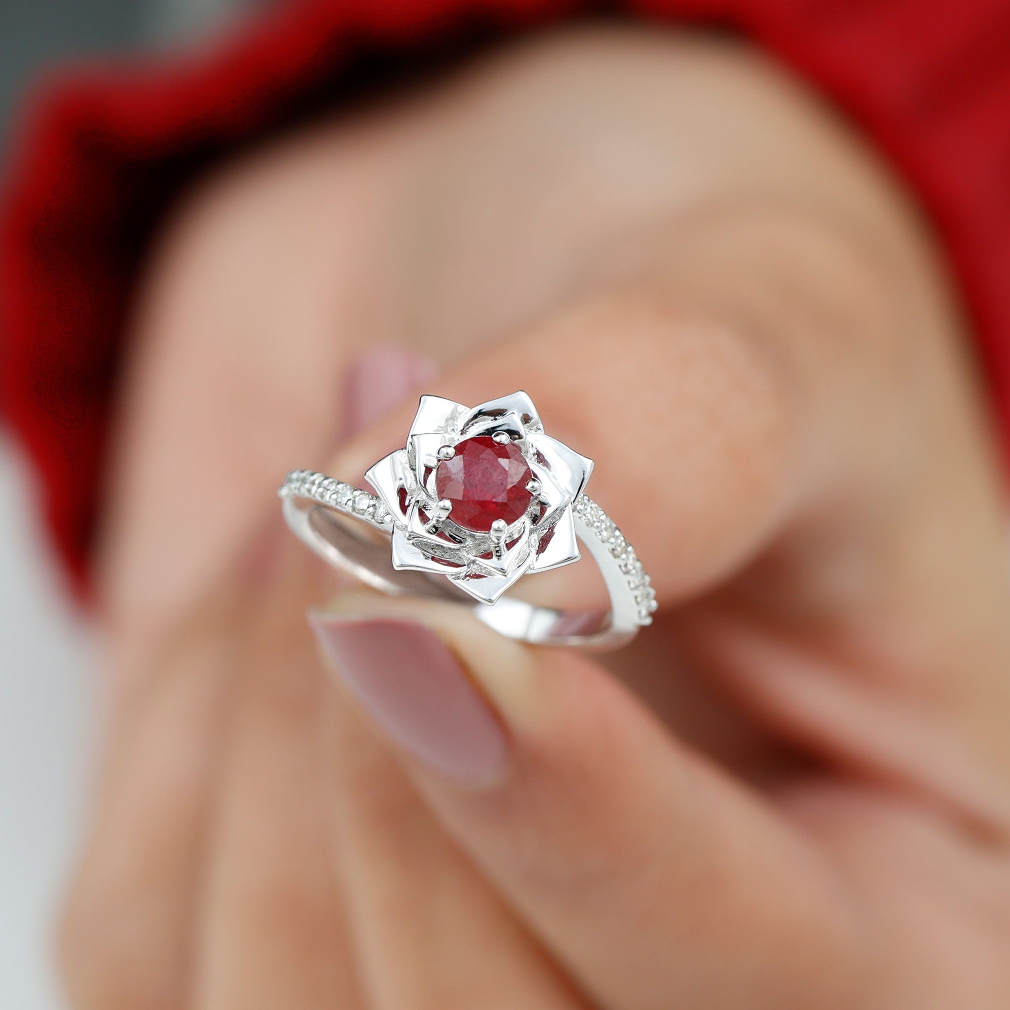 Vintage Rose Flower Ruby Engagement outlet Ring, Art Deco Ruby Flower Ring, Silver Ruby Ring, July Birthstone Ring, Ruby Anniversary Ring For Wife.