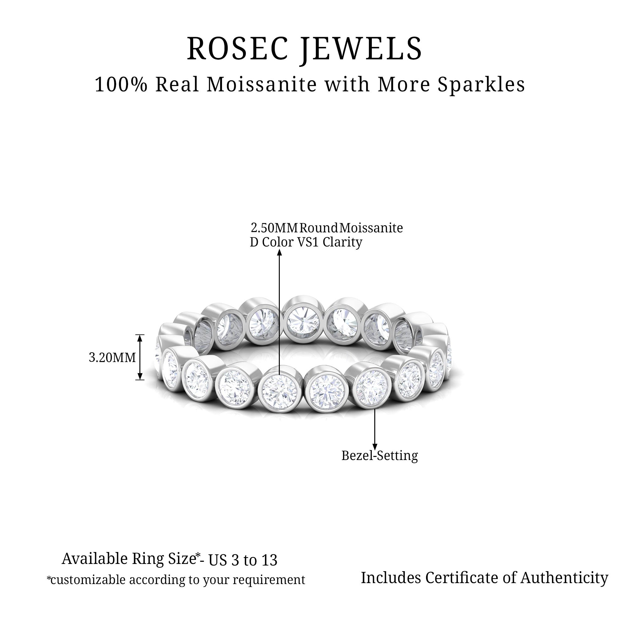 1.25 CT Moissanite Full Eternity Ring in Bezel Setting Moissanite - ( D-VS1 ) - Color and Clarity - Rosec Jewels