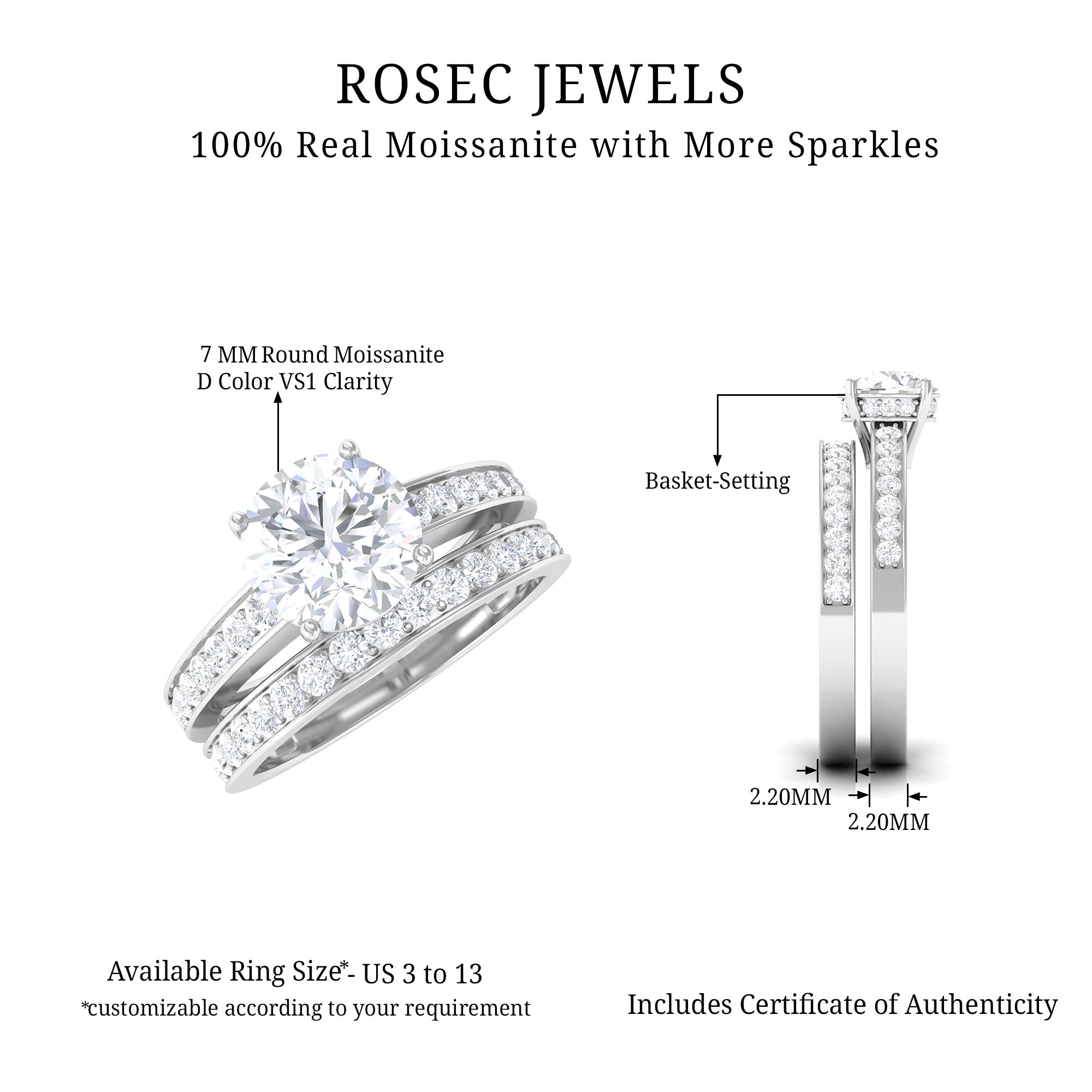 Basket Set Round Moissanite Wedding Ring Set Moissanite - ( D-VS1 ) - Color and Clarity - Rosec Jewels