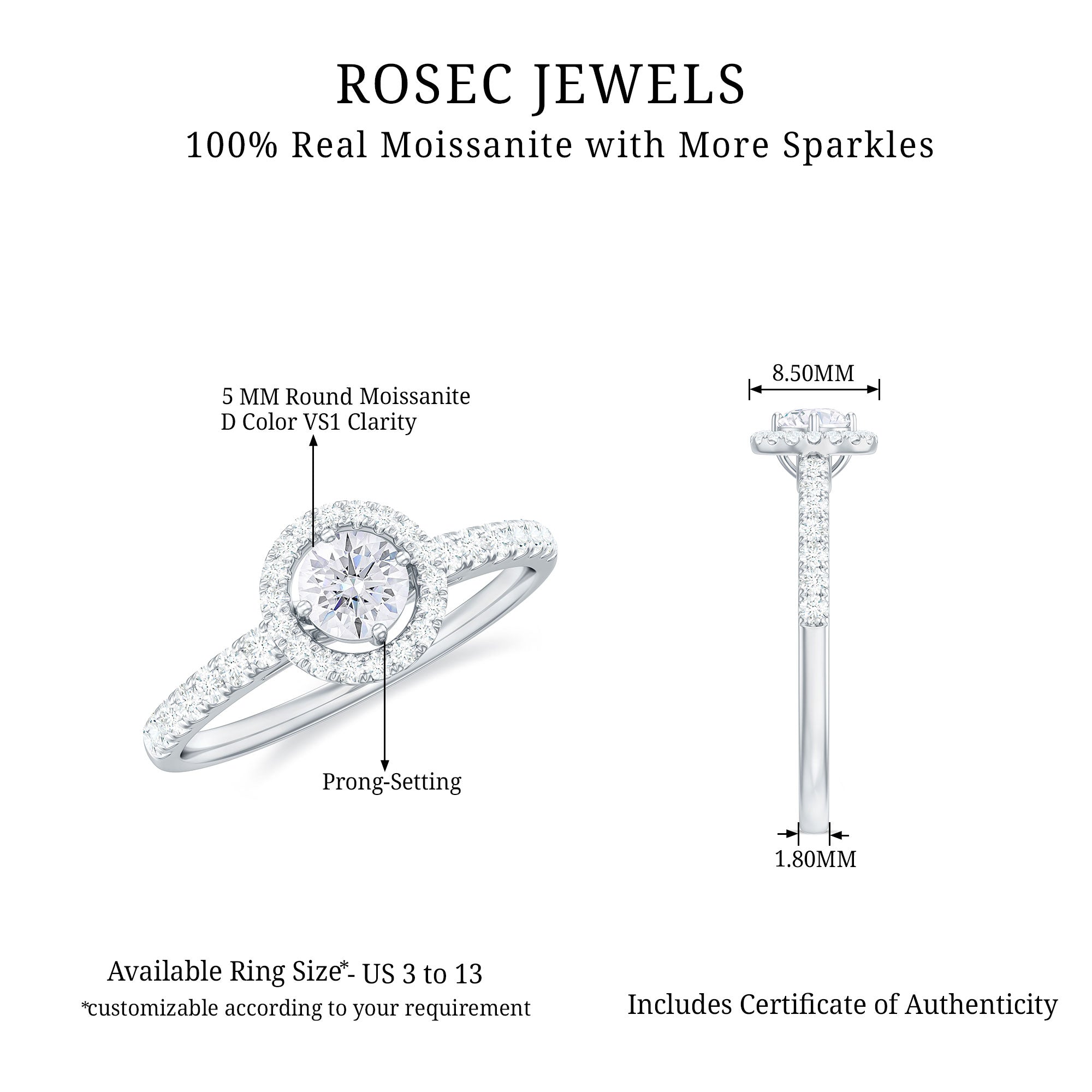 Round Cut Moissanite Halo Promise Ring in Gold Moissanite - ( D-VS1 ) - Color and Clarity - Rosec Jewels