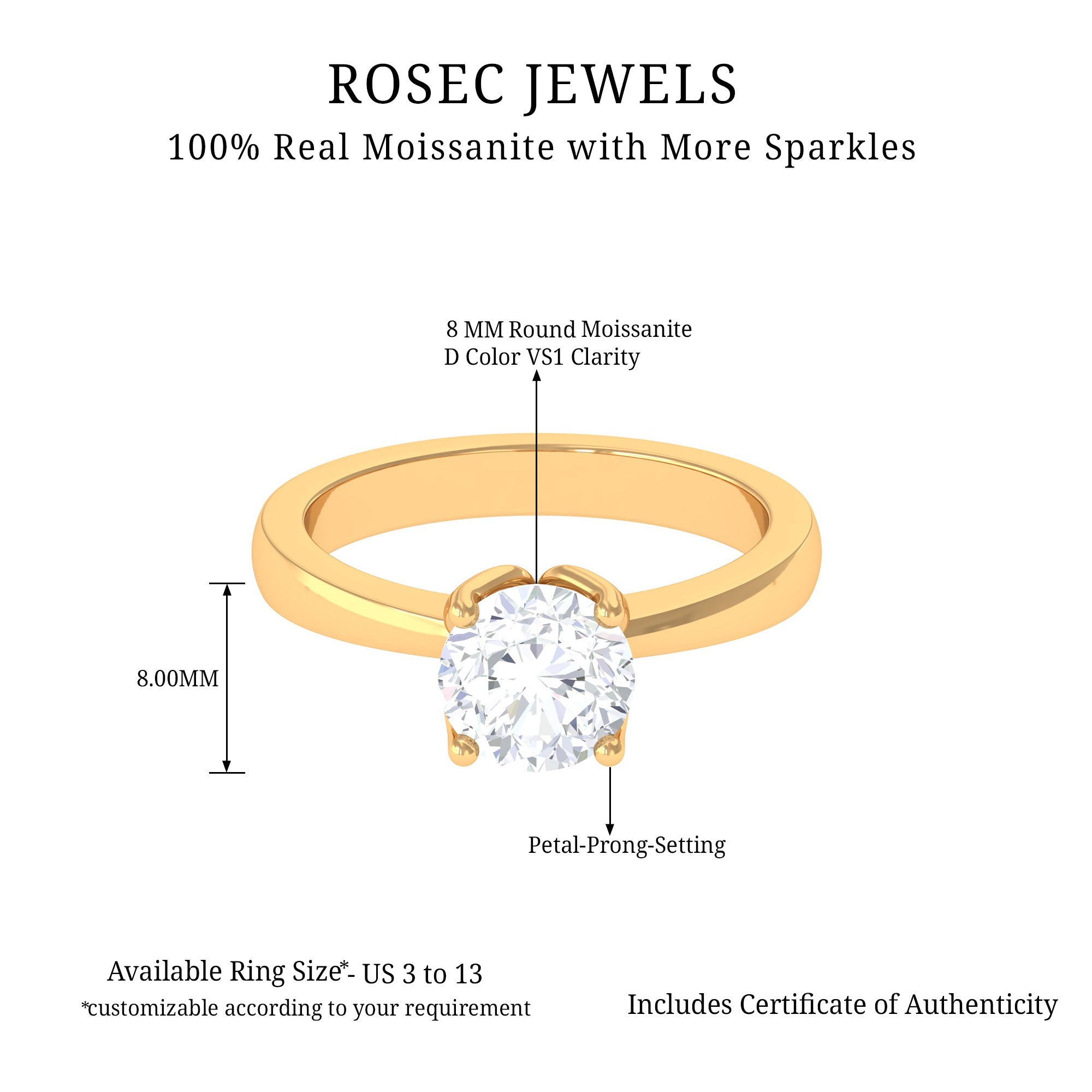 Petal Prong Set Round Moissanite Solitaire Engagement Ring Moissanite - ( D-VS1 ) - Color and Clarity - Rosec Jewels