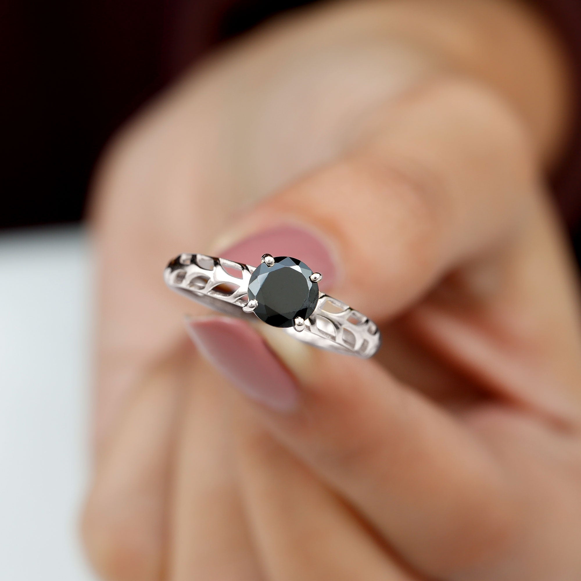 Round Lab Grown Black Diamond Solitaire Ring Lab Created Black Diamond - ( AAAA ) - Quality - Rosec Jewels