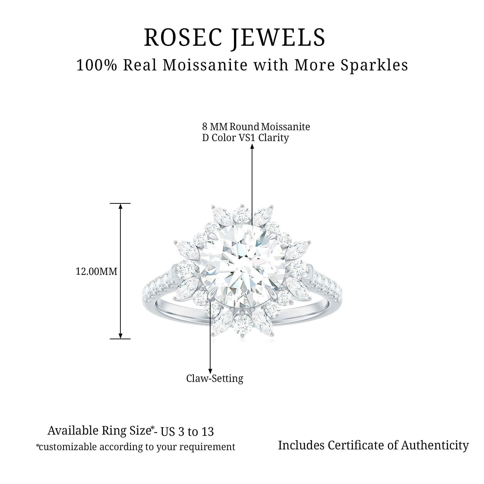 3.25 CT Certified Moissanite Flower Cocktail Ring in Gold Moissanite - ( D-VS1 ) - Color and Clarity - Rosec Jewels