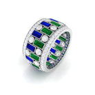 Lab Grown Emerald And Blue Sapphire Wide Wedding Band With Moissanite Lab Created Blue Sapphire - ( AAAA ) - Quality - Rosec Jewels