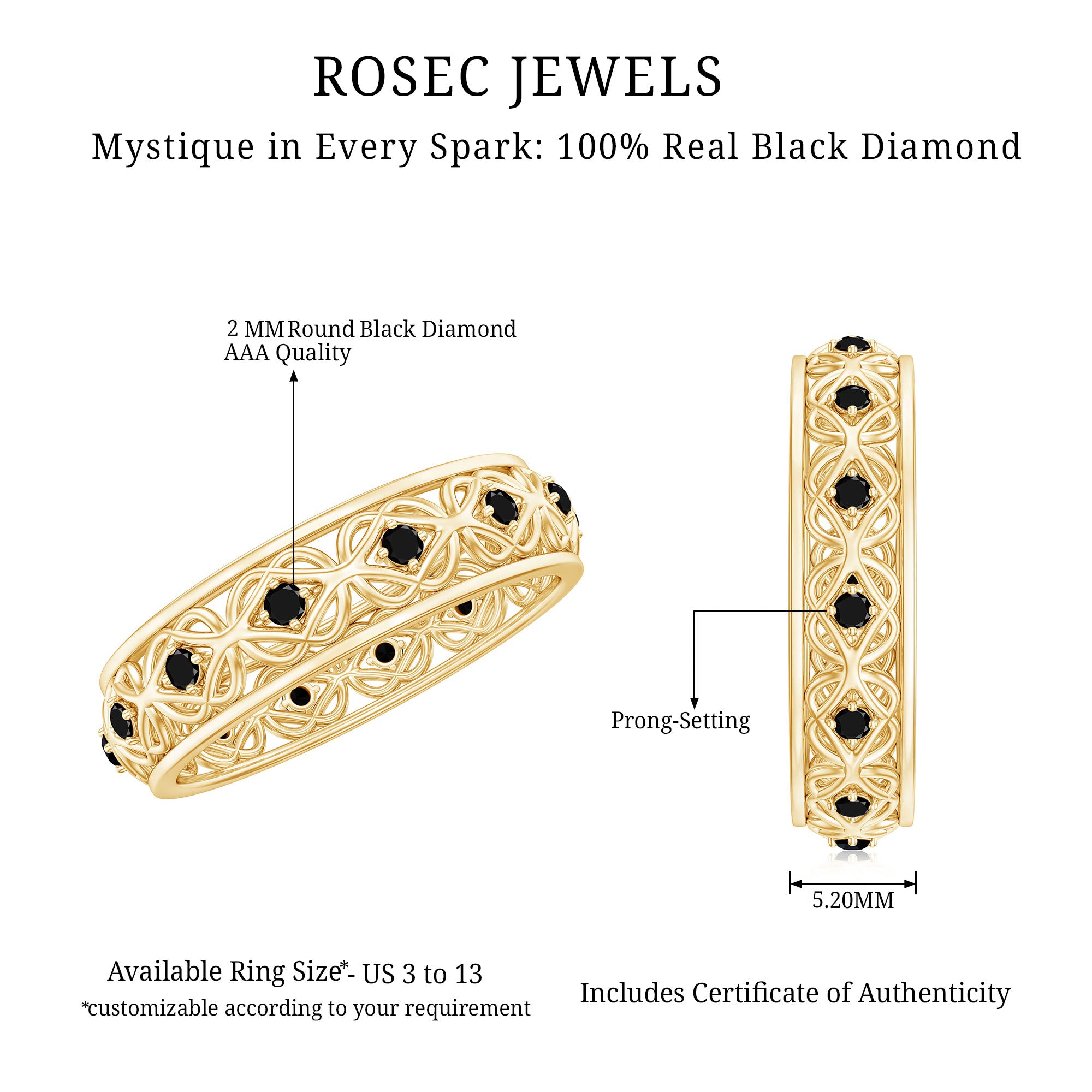 Rosec Jewels-1/4 CT Black Diamond Celtic Knot Band for Women