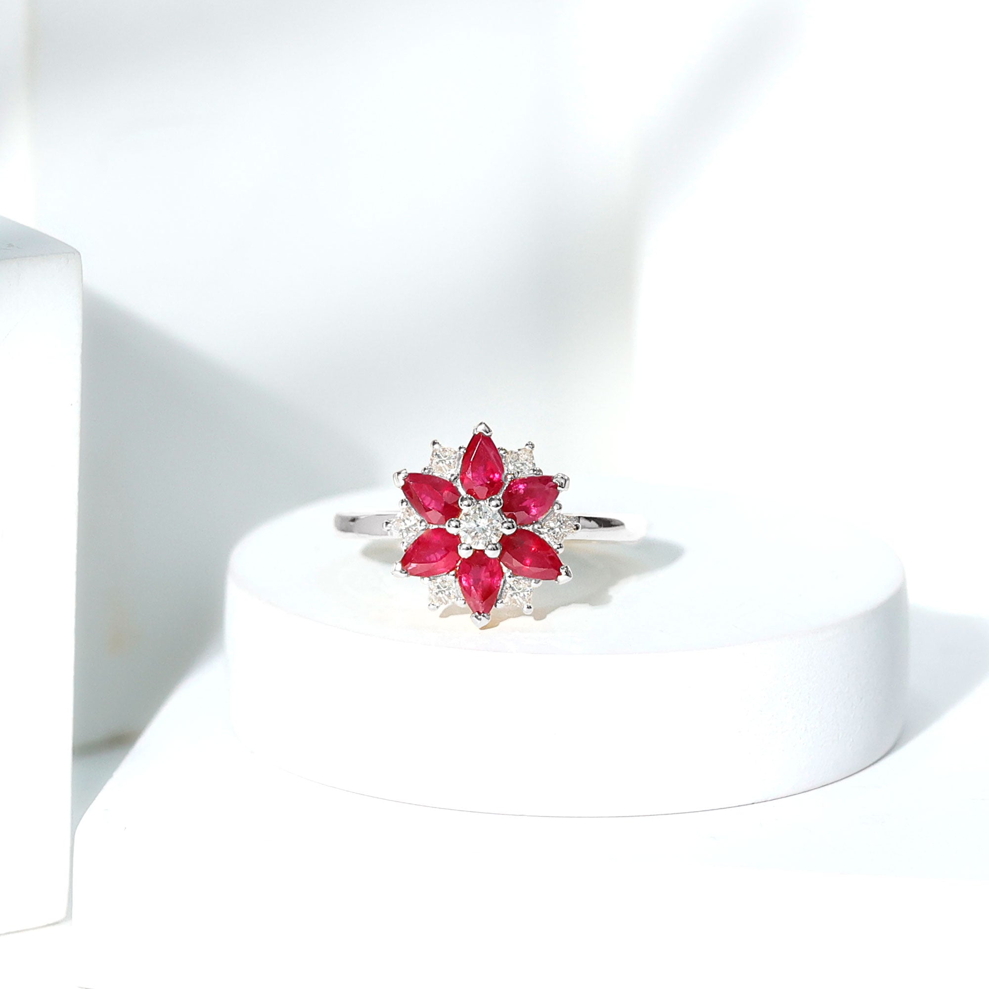 Flower Cocktail Ring with Ruby and Diamond Ruby - ( AAA ) - Quality - Rosec Jewels