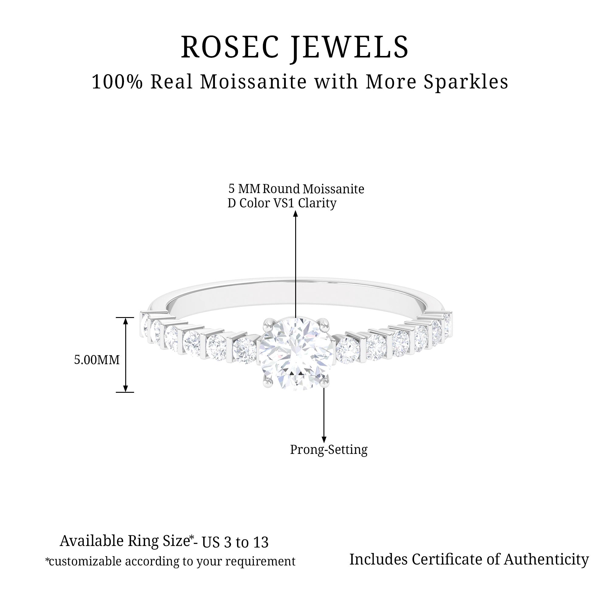 Round Moissanite Side Stone Engagement Ring Moissanite - ( D-VS1 ) - Color and Clarity - Rosec Jewels