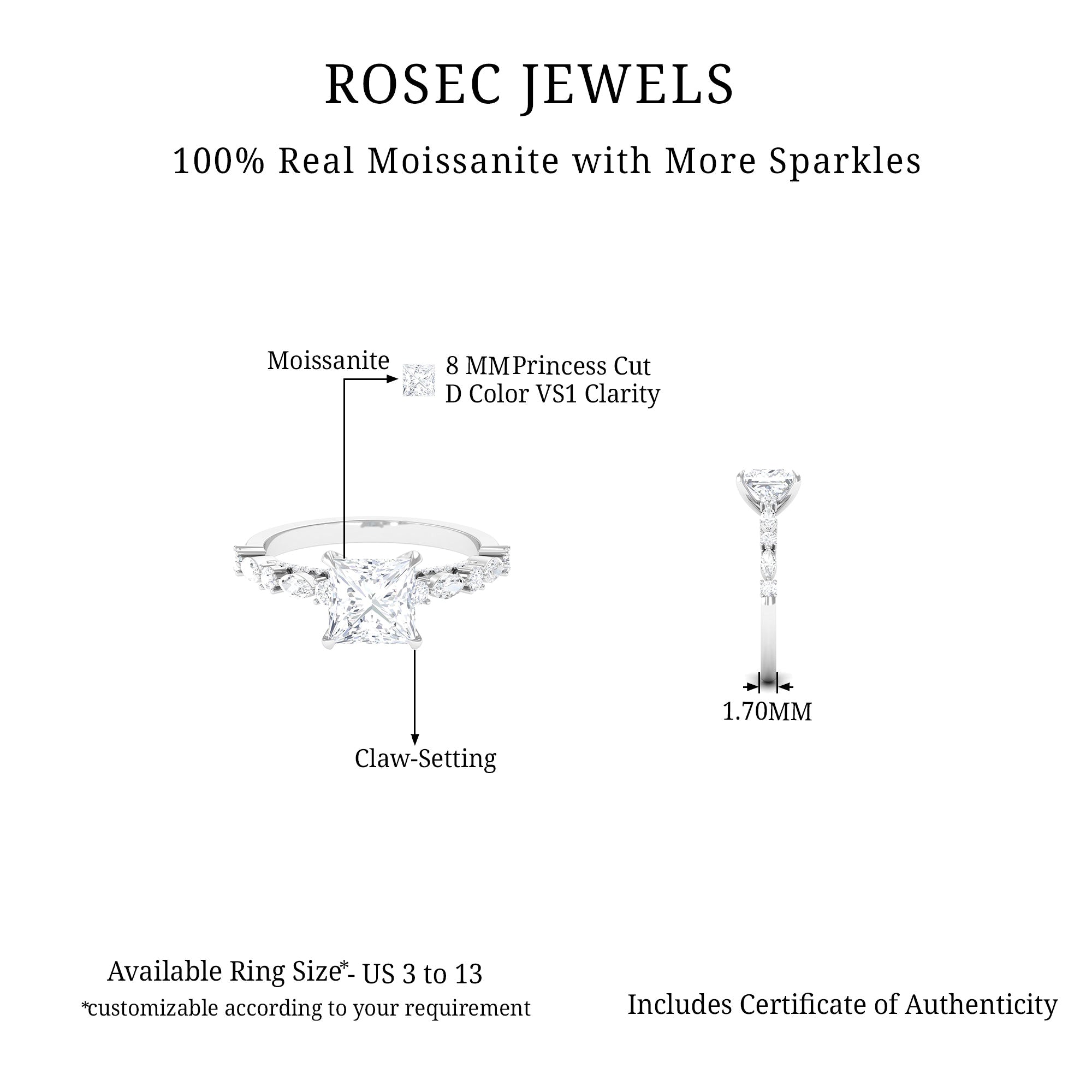 Certified Moissanite Solitaire Engagement Ring with Side Stones Moissanite - ( D-VS1 ) - Color and Clarity - Rosec Jewels