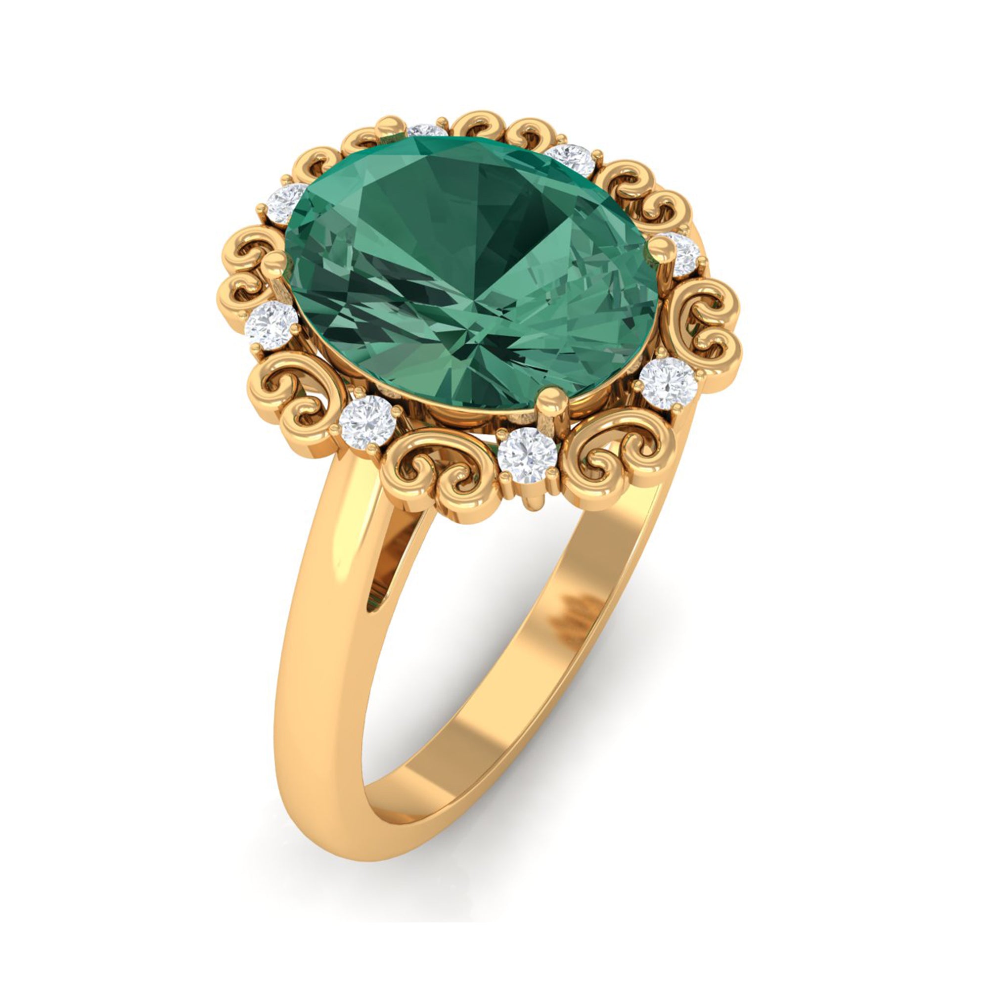 Vintage Style Lab Grown Green Sapphire Engagement Ring with Diamond Lab Created Green Sapphire - ( AAAA ) - Quality - Rosec Jewels