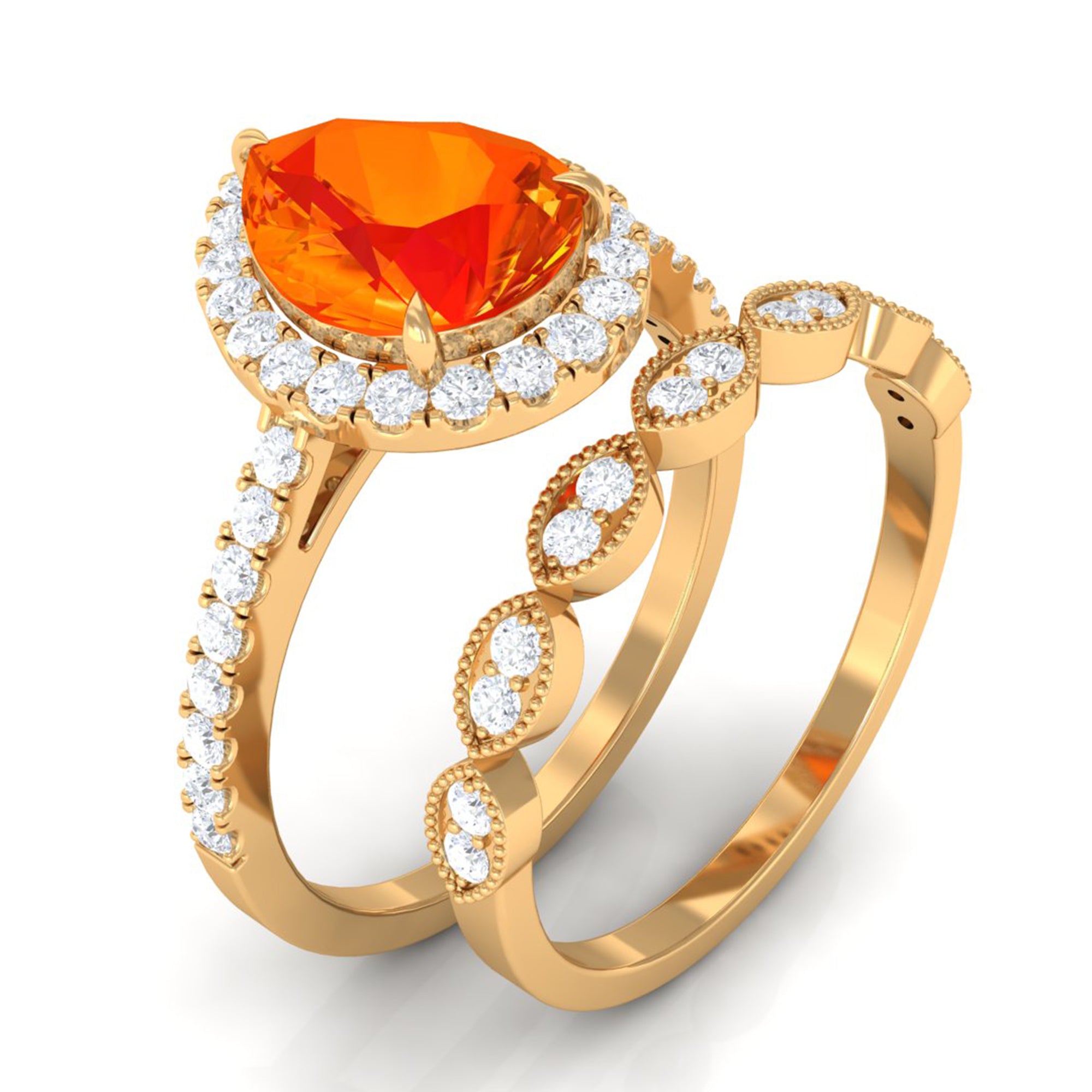 Lab Grown Orange Sapphire Teardrop Engagement Ring Set Lab Created Orange Sapphire - ( AAAA ) - Quality - Rosec Jewels