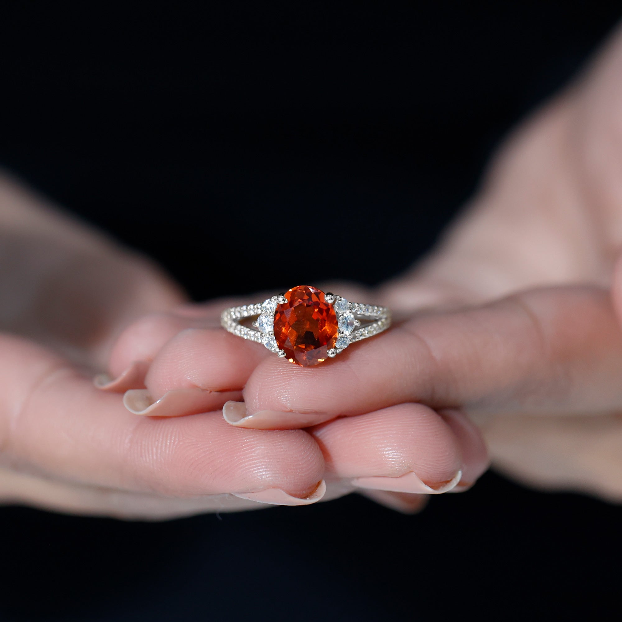 Classic Lab Created Orange Sapphire Oval Engagement Ring With Moissanite Lab Created Orange Sapphire - ( AAAA ) - Quality - Rosec Jewels