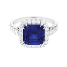 Created Blue Sapphire and Diamond Halo Engagement Ring Lab Created Blue Sapphire - ( AAAA ) - Quality - Rosec Jewels