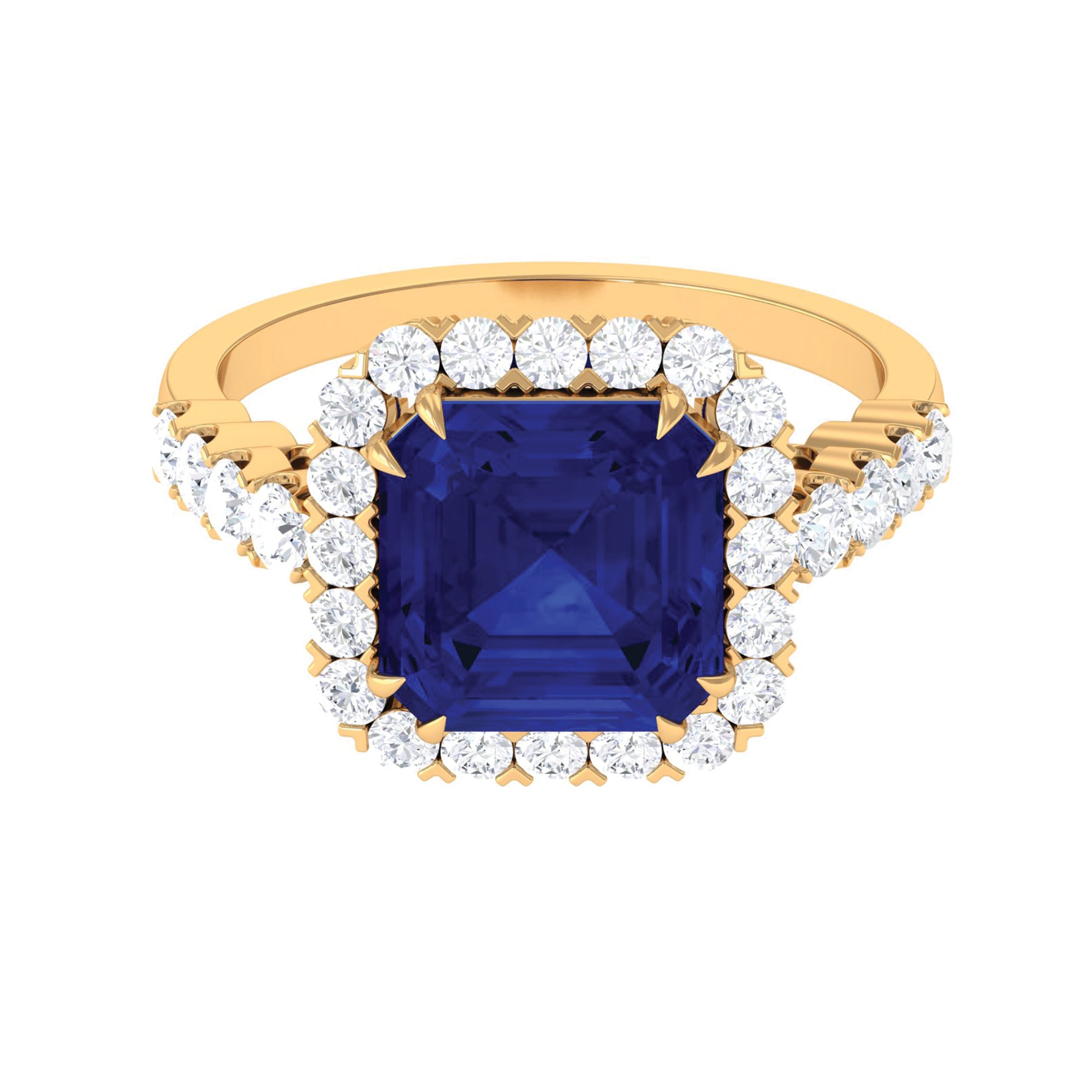 Created Blue Sapphire and Diamond Halo Engagement Ring Lab Created Blue Sapphire - ( AAAA ) - Quality - Rosec Jewels