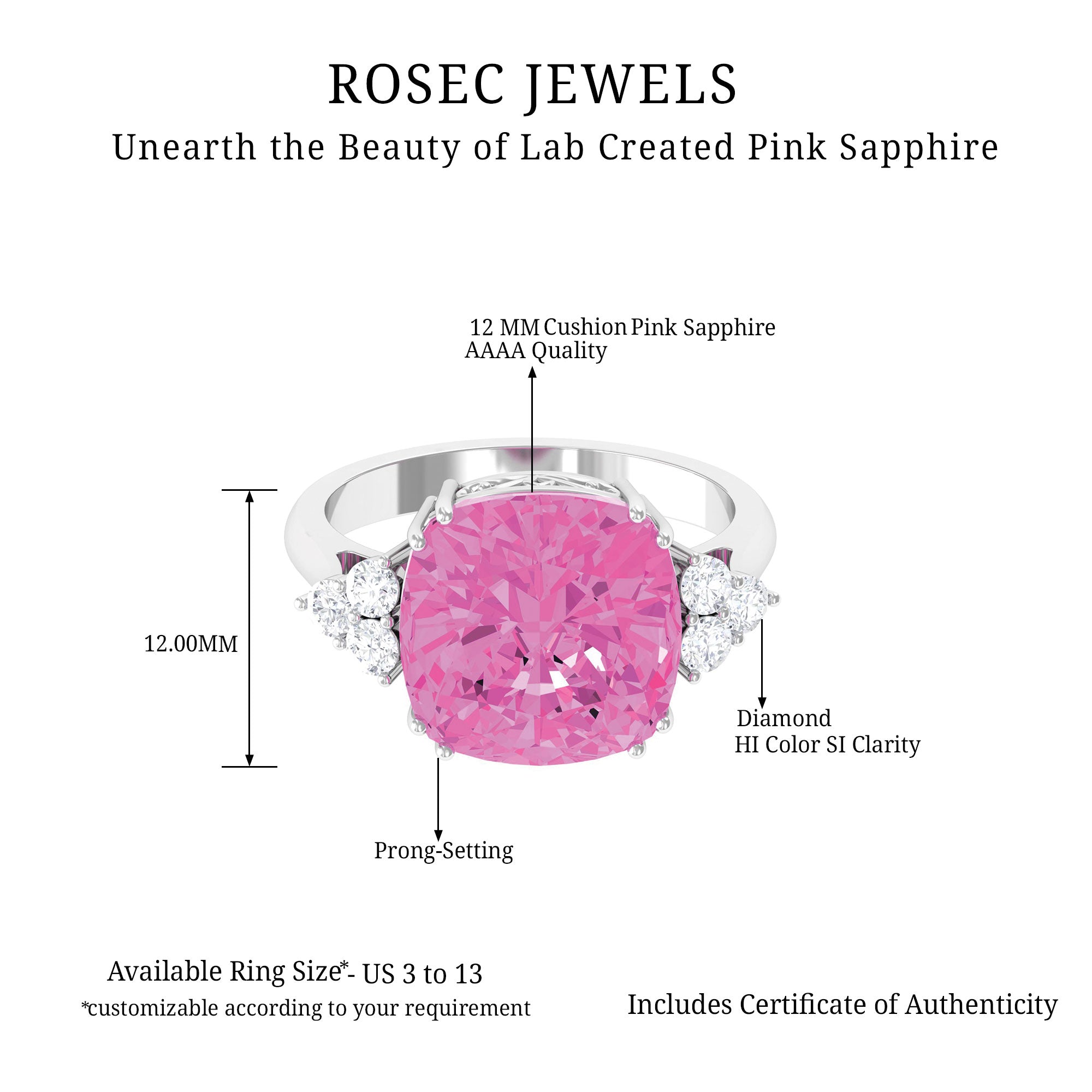 Created Pink Sapphire Solitaire Engagement Ring with Diamond Trio Lab Created Pink Sapphire - ( AAAA ) - Quality - Rosec Jewels