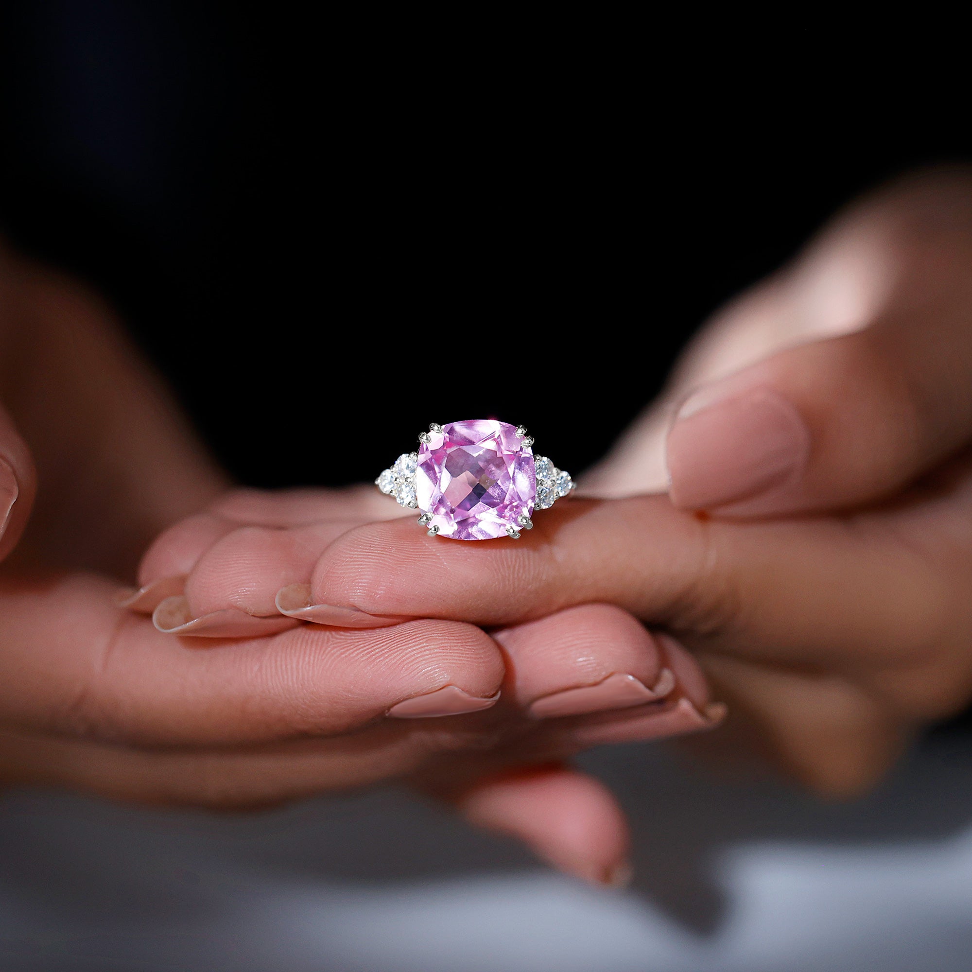 Created Pink Sapphire Solitaire Engagement Ring with Diamond Trio Lab Created Pink Sapphire - ( AAAA ) - Quality - Rosec Jewels