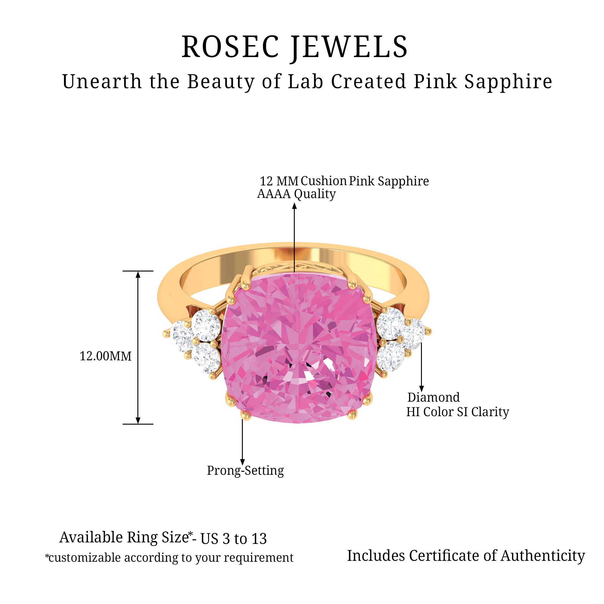 Created Pink Sapphire Solitaire Engagement Ring with Diamond Trio Lab Created Pink Sapphire - ( AAAA ) - Quality - Rosec Jewels