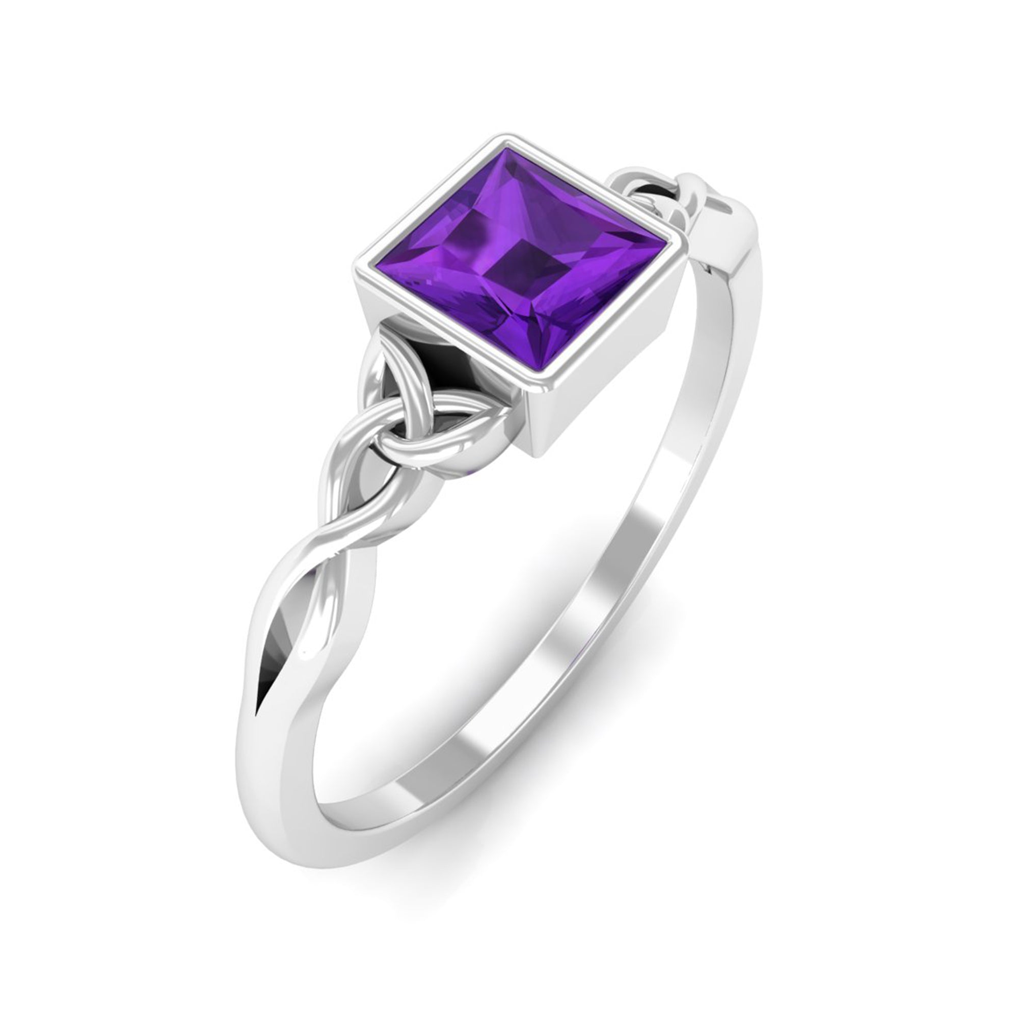 Natural Amethyst Princess Cut Solitaire Celtic Ring in Bezel Setting Amethyst - ( AAA ) - Quality - Rosec Jewels