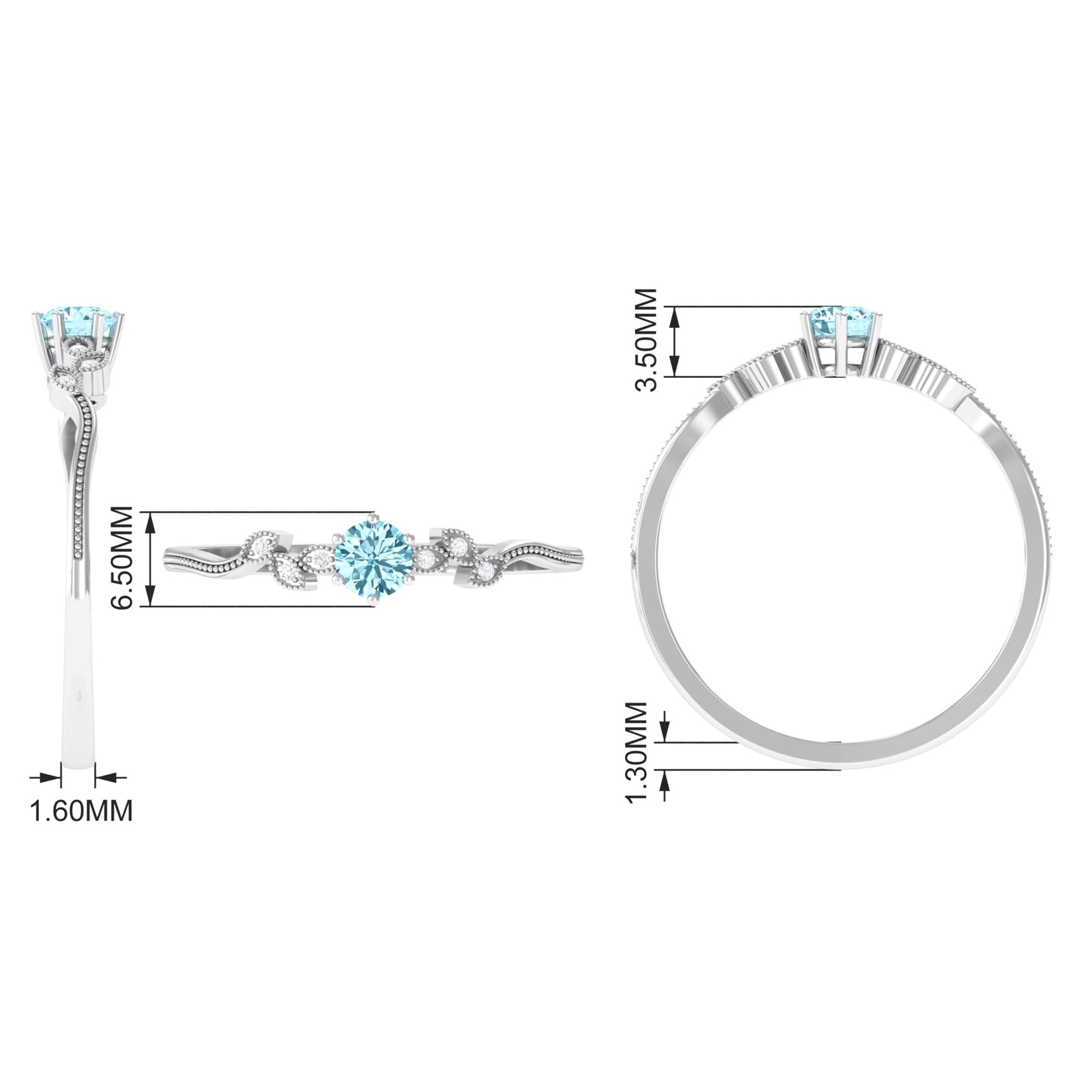 Round Aquamarine Leaf Inspired Solitaire Promise Ring Aquamarine - ( AAA ) - Quality - Rosec Jewels