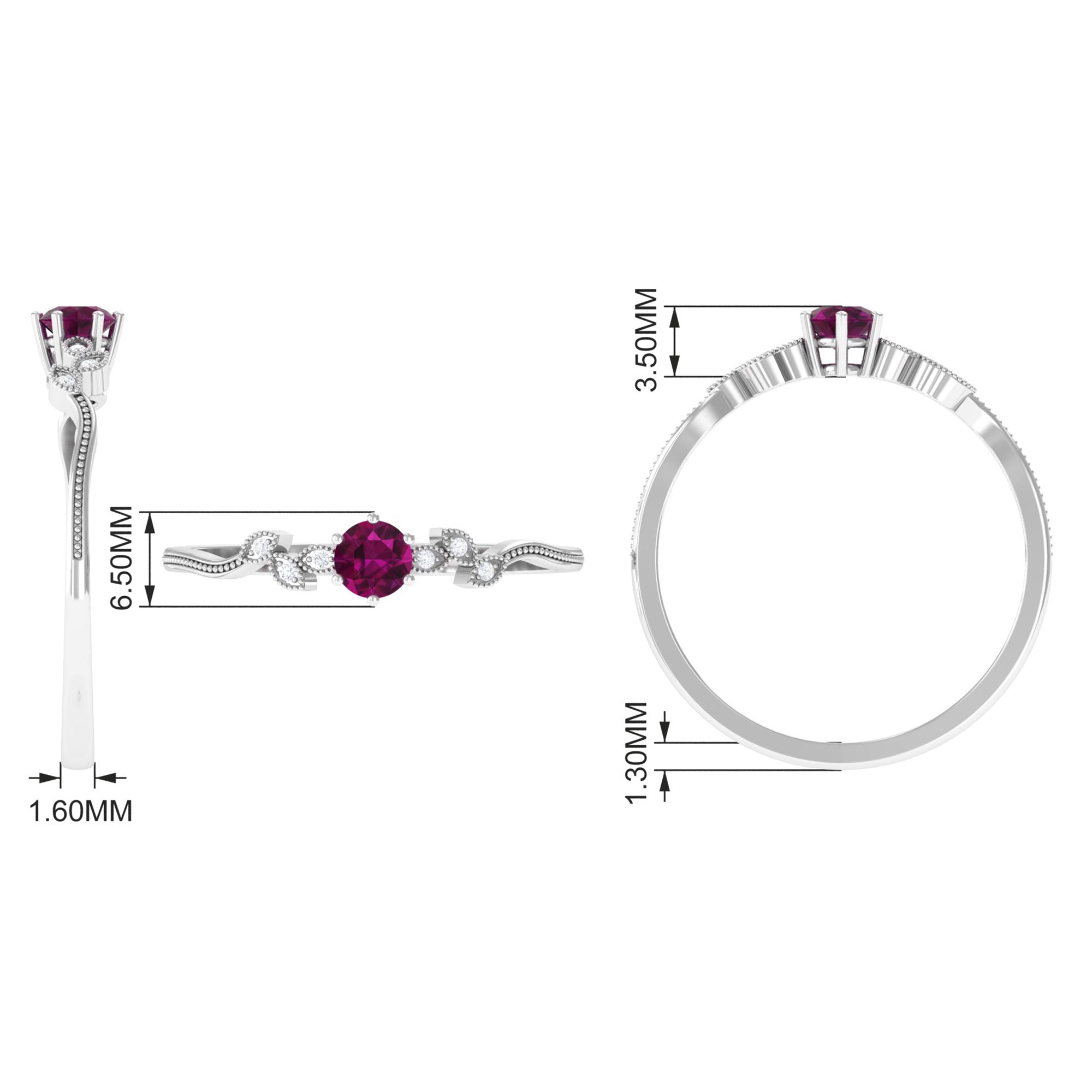 Real Rhodolite Solitaire Leaf Inspired Promise Ring with Diamond Rhodolite - ( AAA ) - Quality - Rosec Jewels