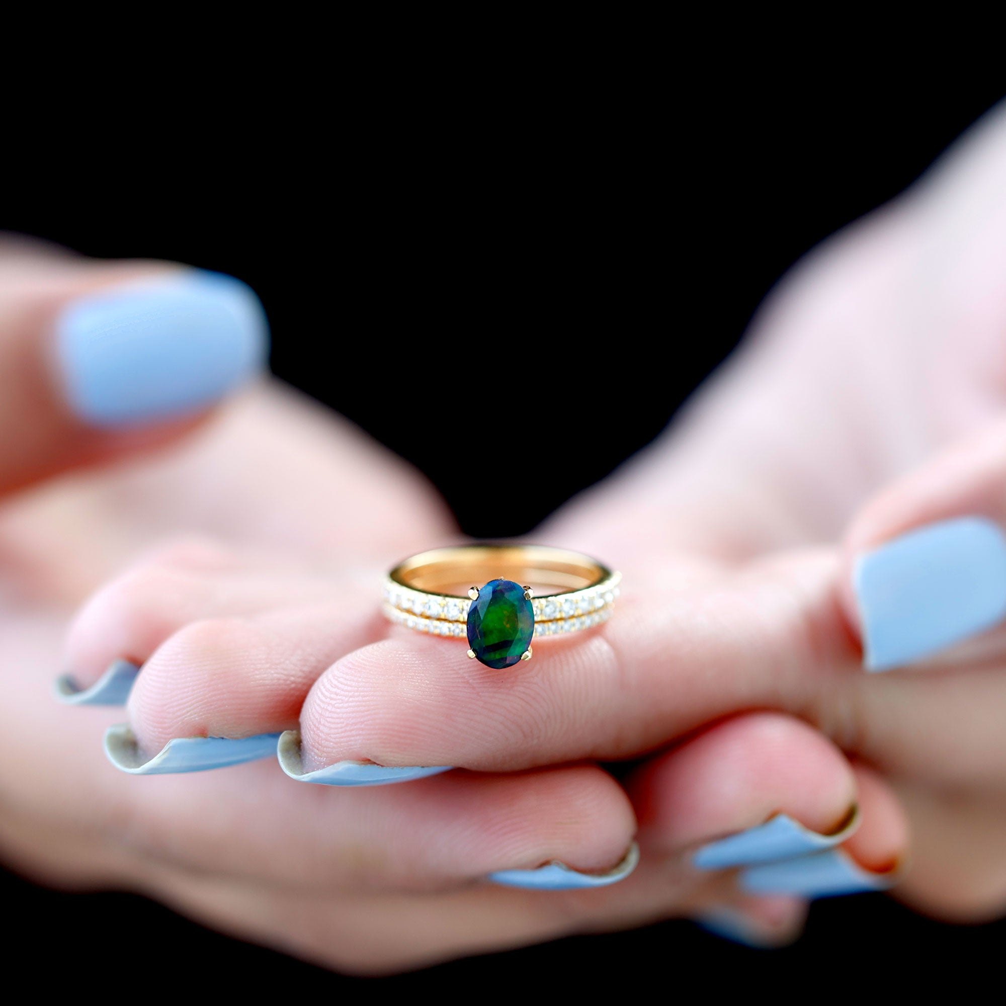 Oval Black Opal Wedding Ring Set With Diamond Black Opal - ( AAA ) - Quality - Rosec Jewels