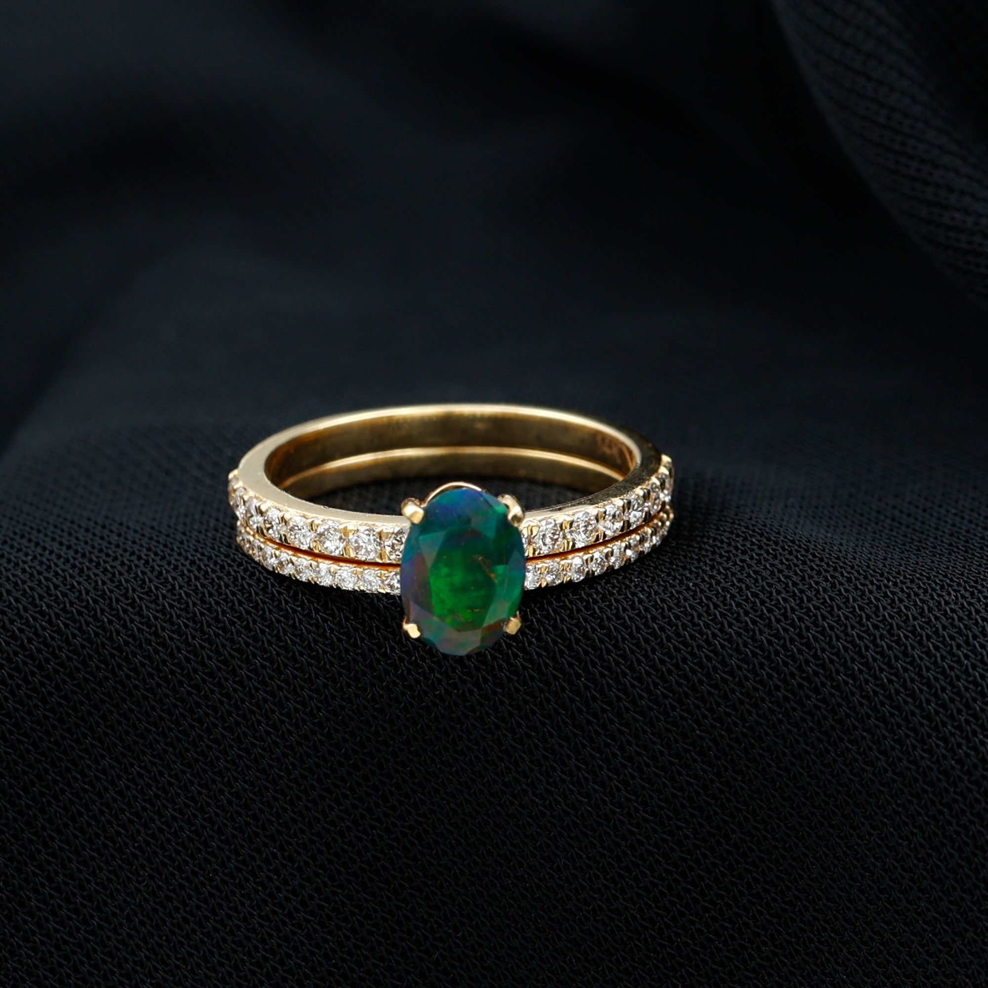 Oval Black Opal Wedding Ring Set With Diamond Black Opal - ( AAA ) - Quality - Rosec Jewels