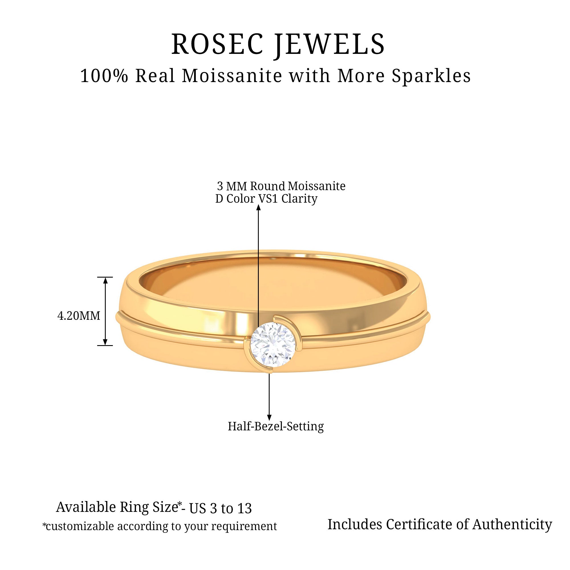 Half Bezel Set Round Moissanite Wedding Band Ring Moissanite - ( D-VS1 ) - Color and Clarity - Rosec Jewels