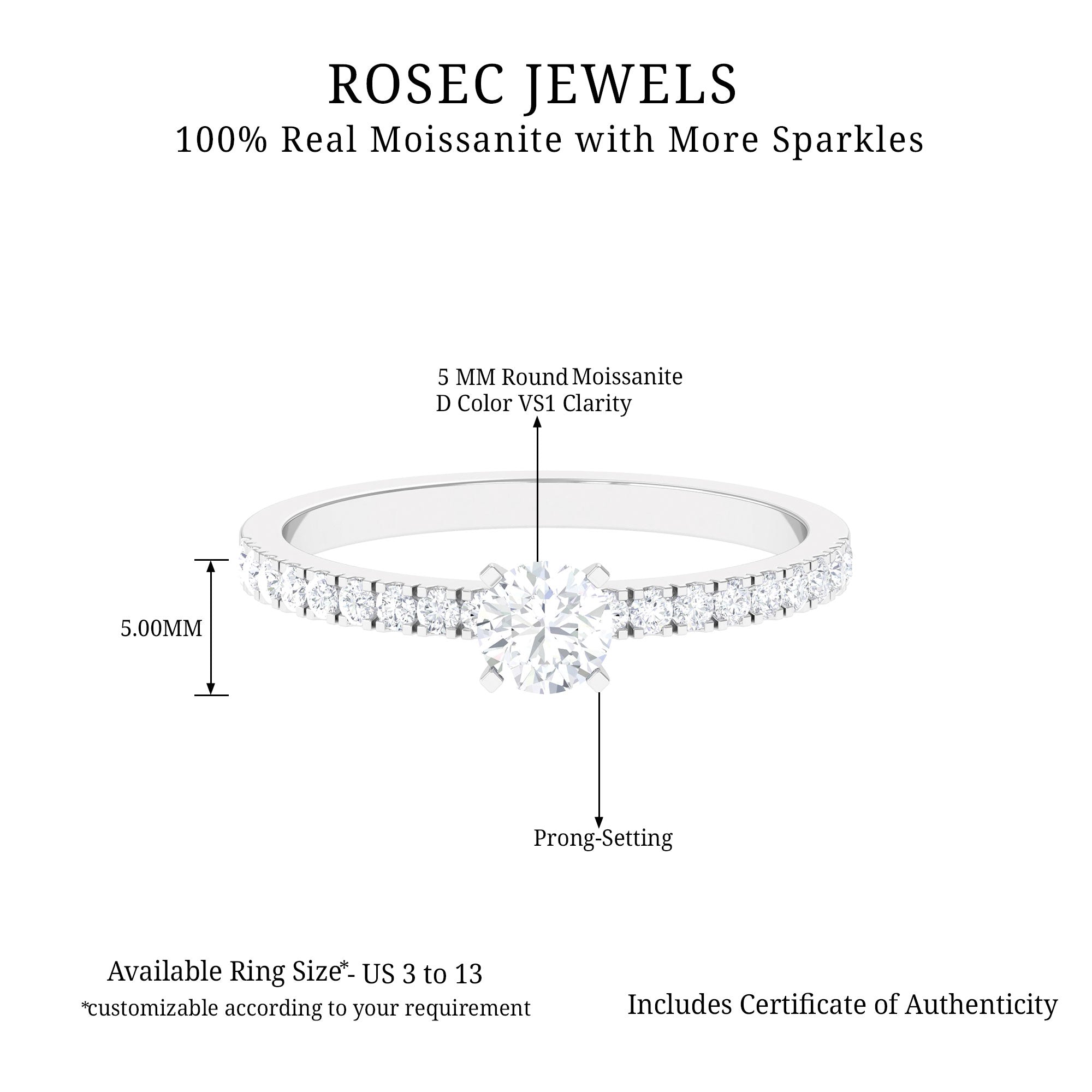 3/4 CT Simple Moissanite Solitaire Ring with Side Stone Moissanite - ( D-VS1 ) - Color and Clarity - Rosec Jewels