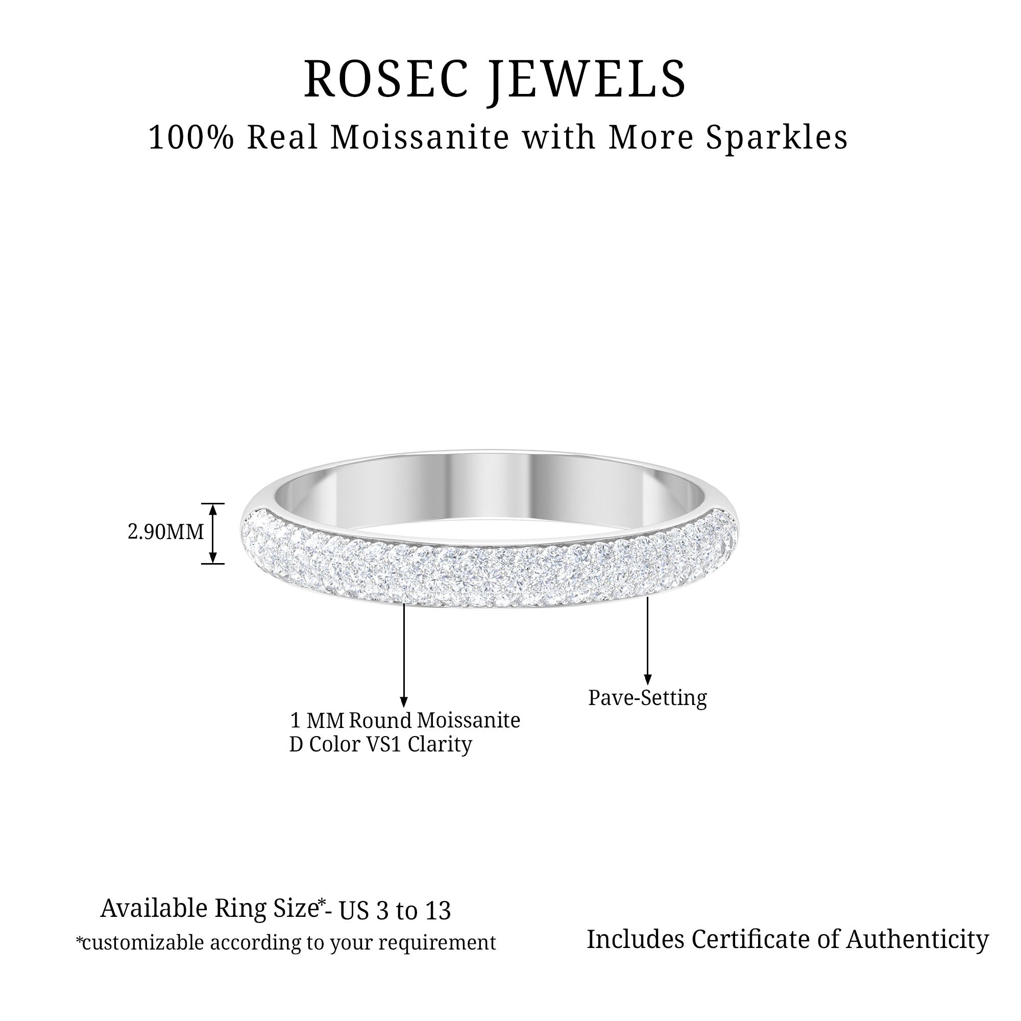 Pave Set Round Moissanite Band Ring Moissanite - ( D-VS1 ) - Color and Clarity - Rosec Jewels