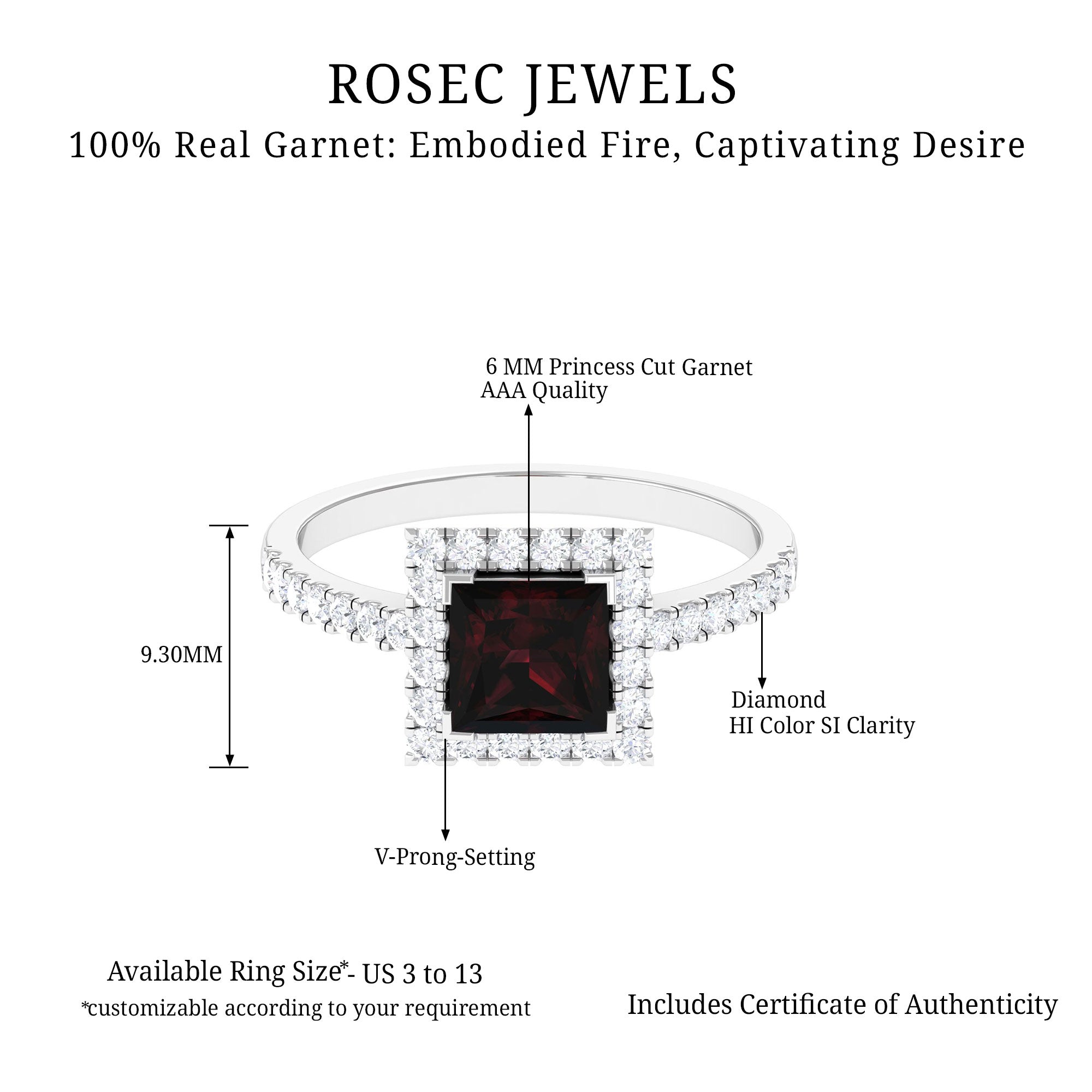 Princess Cut Garnet and Diamond Halo Engagement Ring Garnet - ( AAA ) - Quality - Rosec Jewels