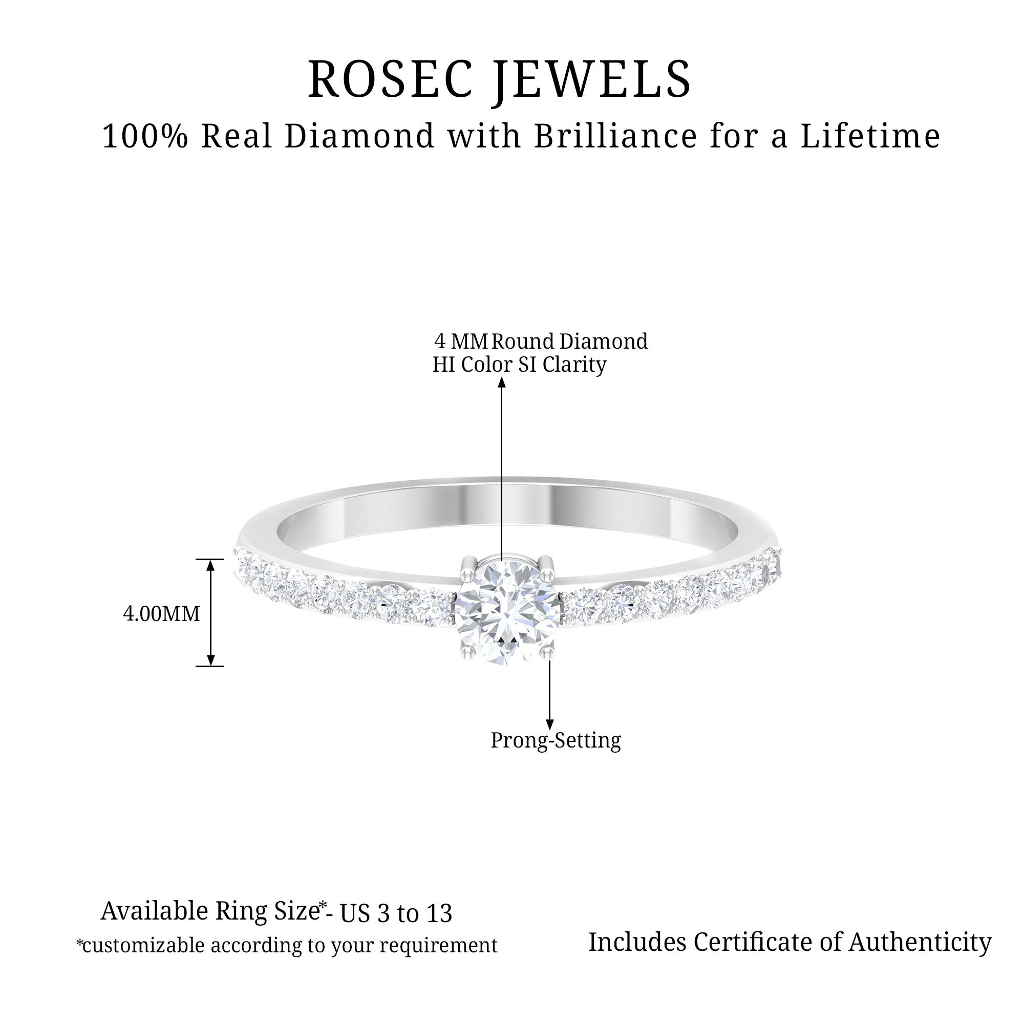 Round Diamond Solitaire Ring with Side Stones Diamond - ( HI-SI ) - Color and Clarity - Rosec Jewels