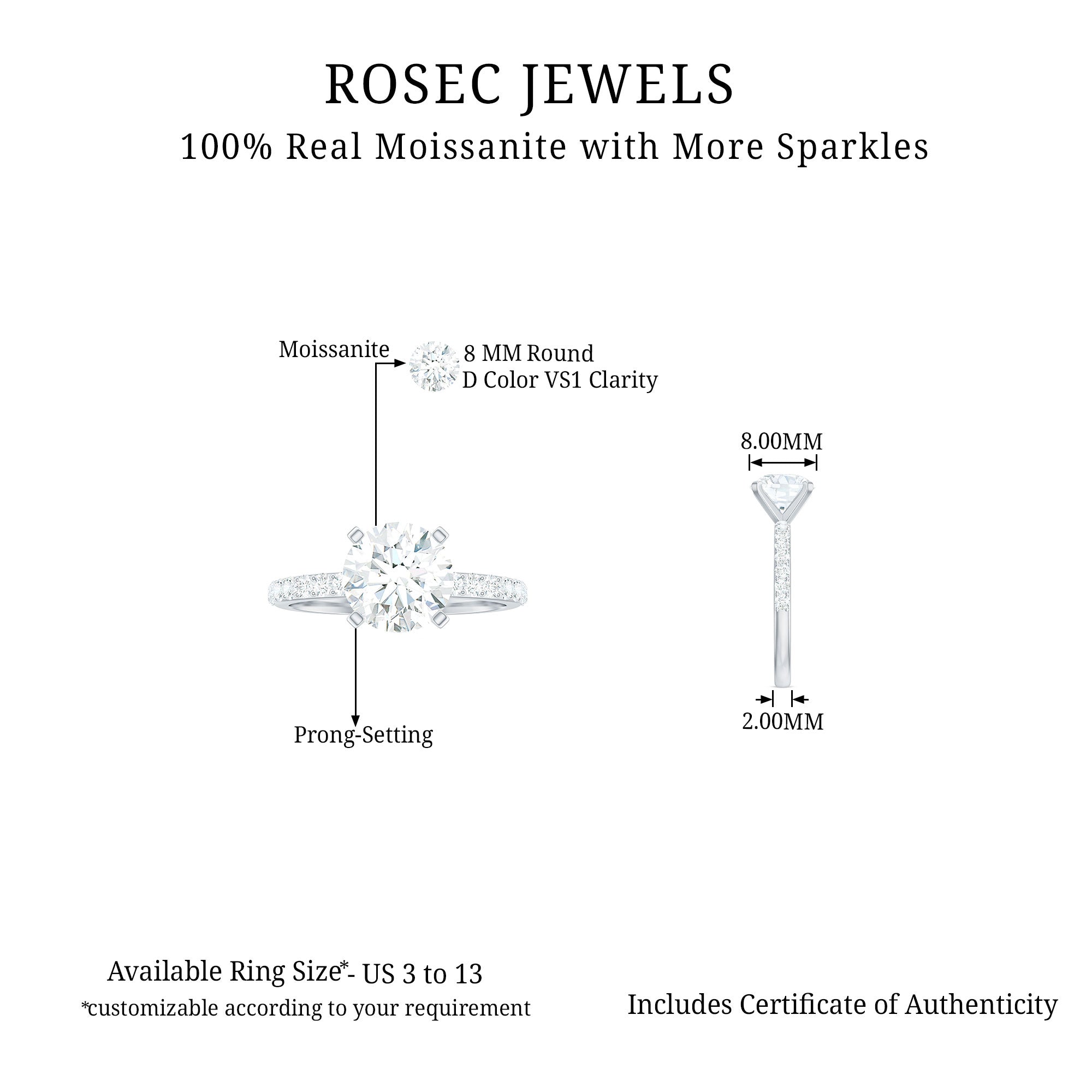 Rosec Jewels-3 CT Moissanite Solitaire Engagement Ring