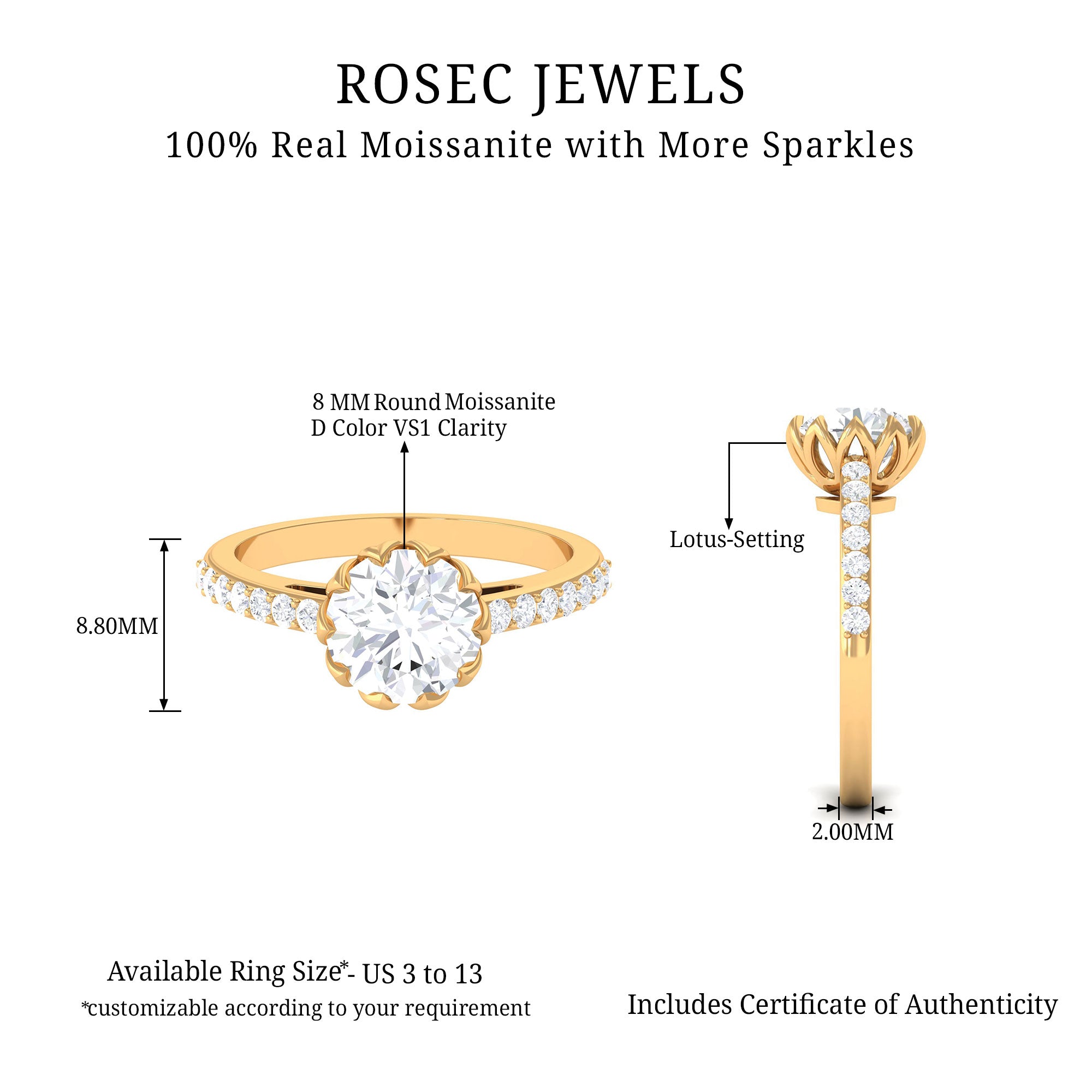 Certified Moissanite Flower Engagement Ring Moissanite - ( D-VS1 ) - Color and Clarity - Rosec Jewels