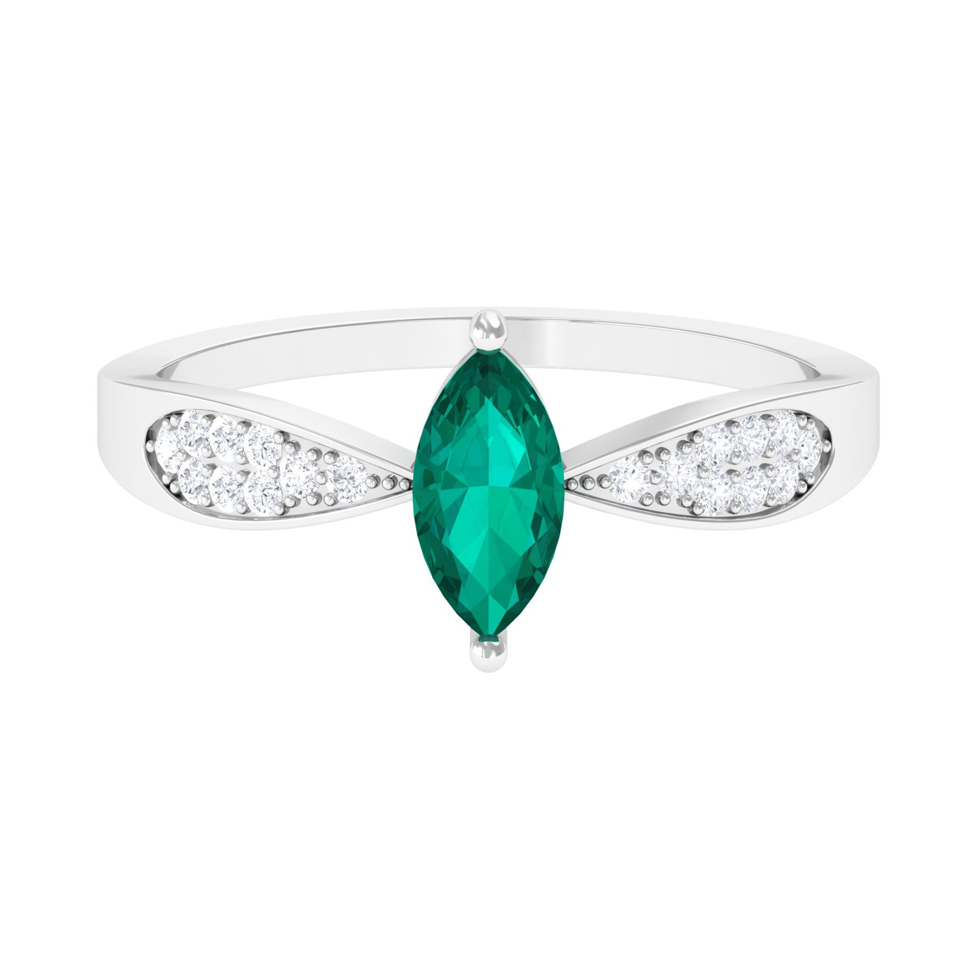 Marquise Cut Emerald Solitaire Ring with Diamond Accent Emerald - ( AAA ) - Quality - Rosec Jewels