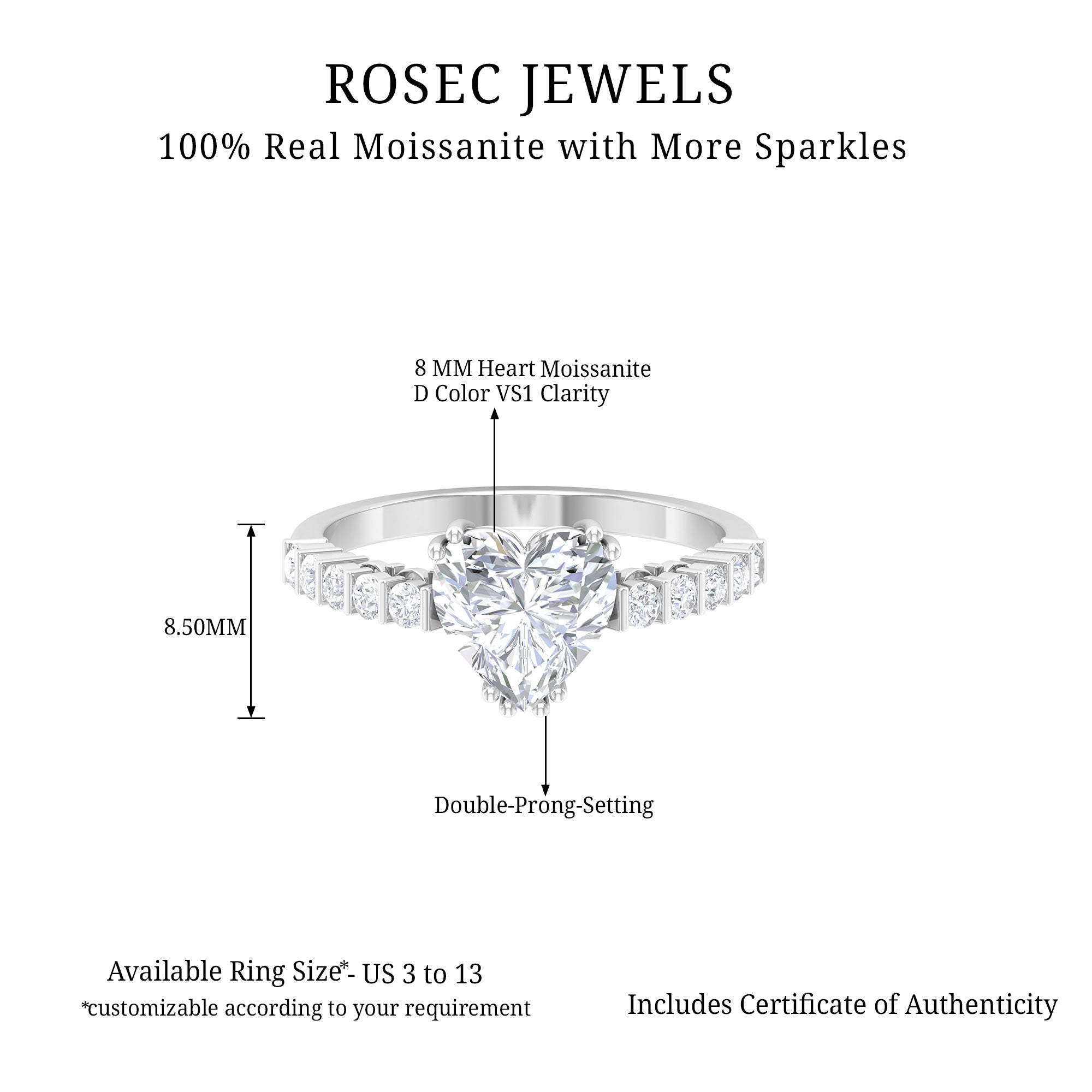 2.50 CT Double Prong Set Solitaire Moissanite Ring with Bar Set Side Stones Moissanite - ( D-VS1 ) - Color and Clarity - Rosec Jewels