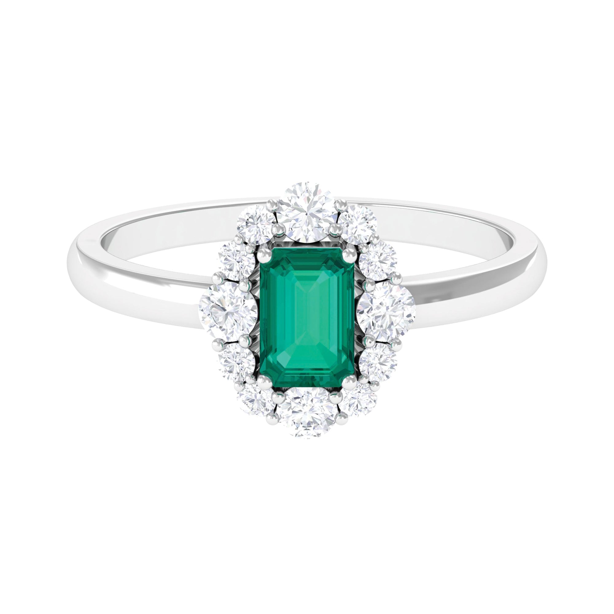 Octagon Cut Emerald Engagement Ring with Diamond Halo Emerald - ( AAA ) - Quality - Rosec Jewels