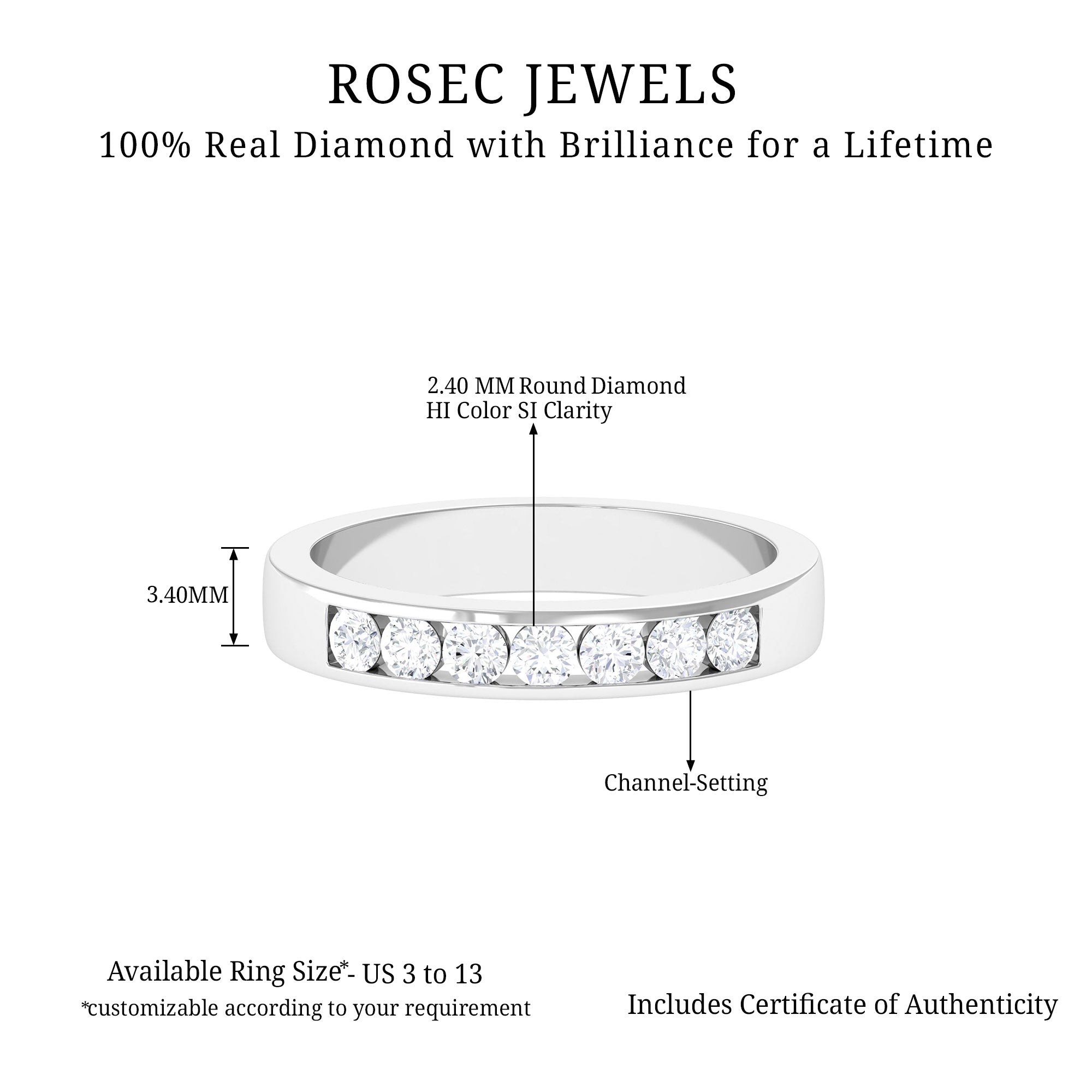 Seven Stone Diamond Band Ring in Channel Setting Diamond - ( HI-SI ) - Color and Clarity - Rosec Jewels