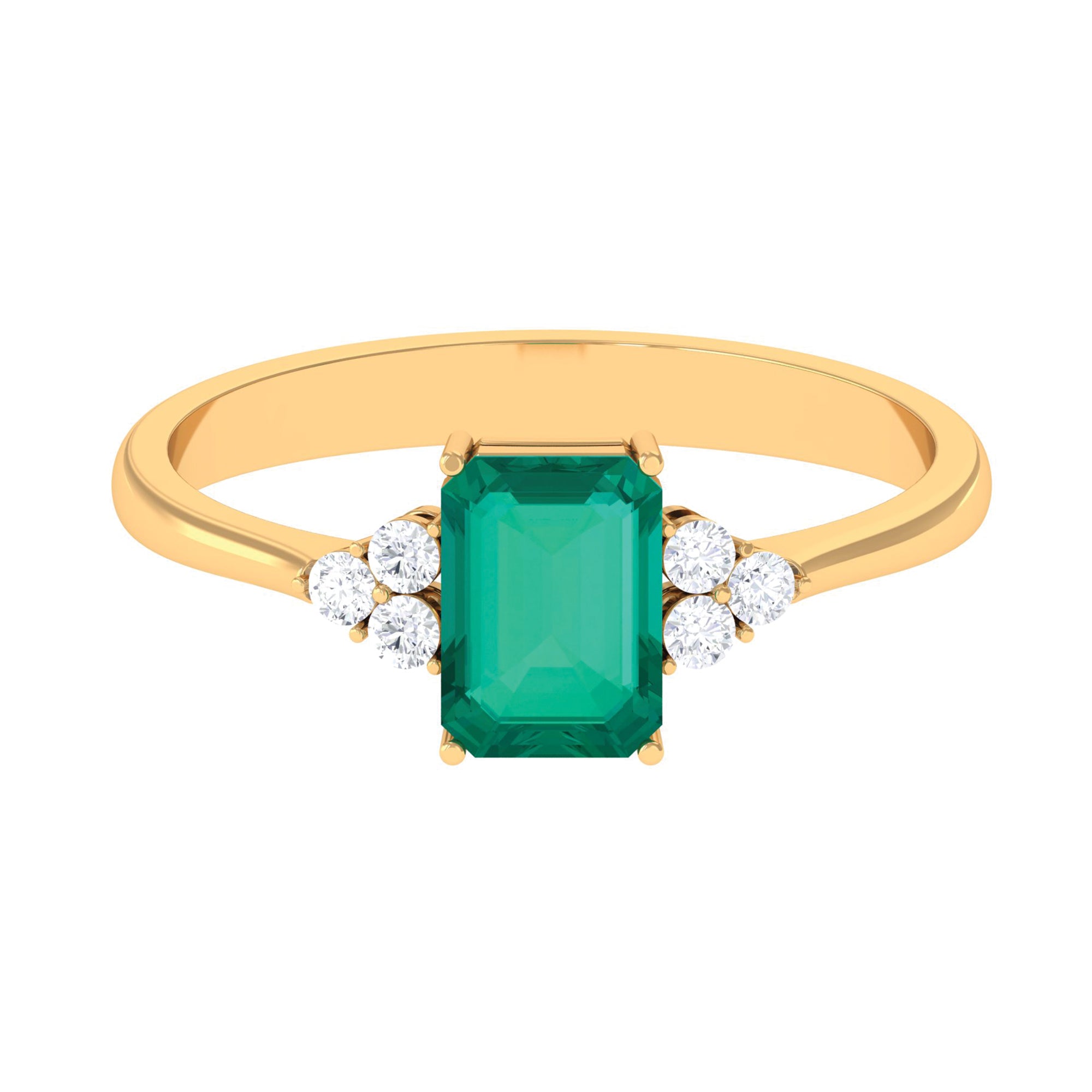 Octagon Cut Emerald Engagement Ring with Diamond Trio Emerald - ( AAA ) - Quality - Rosec Jewels